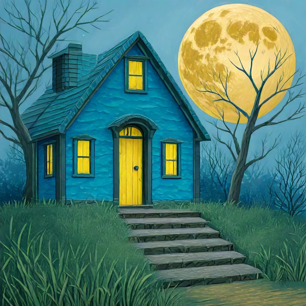 <lora:Midjourney_V7_Ars_StyleIllustrious:1> ArsMJStyle7, The image shows a blue house with a yellow door and stairs in front of it surrounded by grass and trees with a full moon in the background., no humans, tree, moon, grass, stairs, outdoors, full moon, scenery, bare tree, house