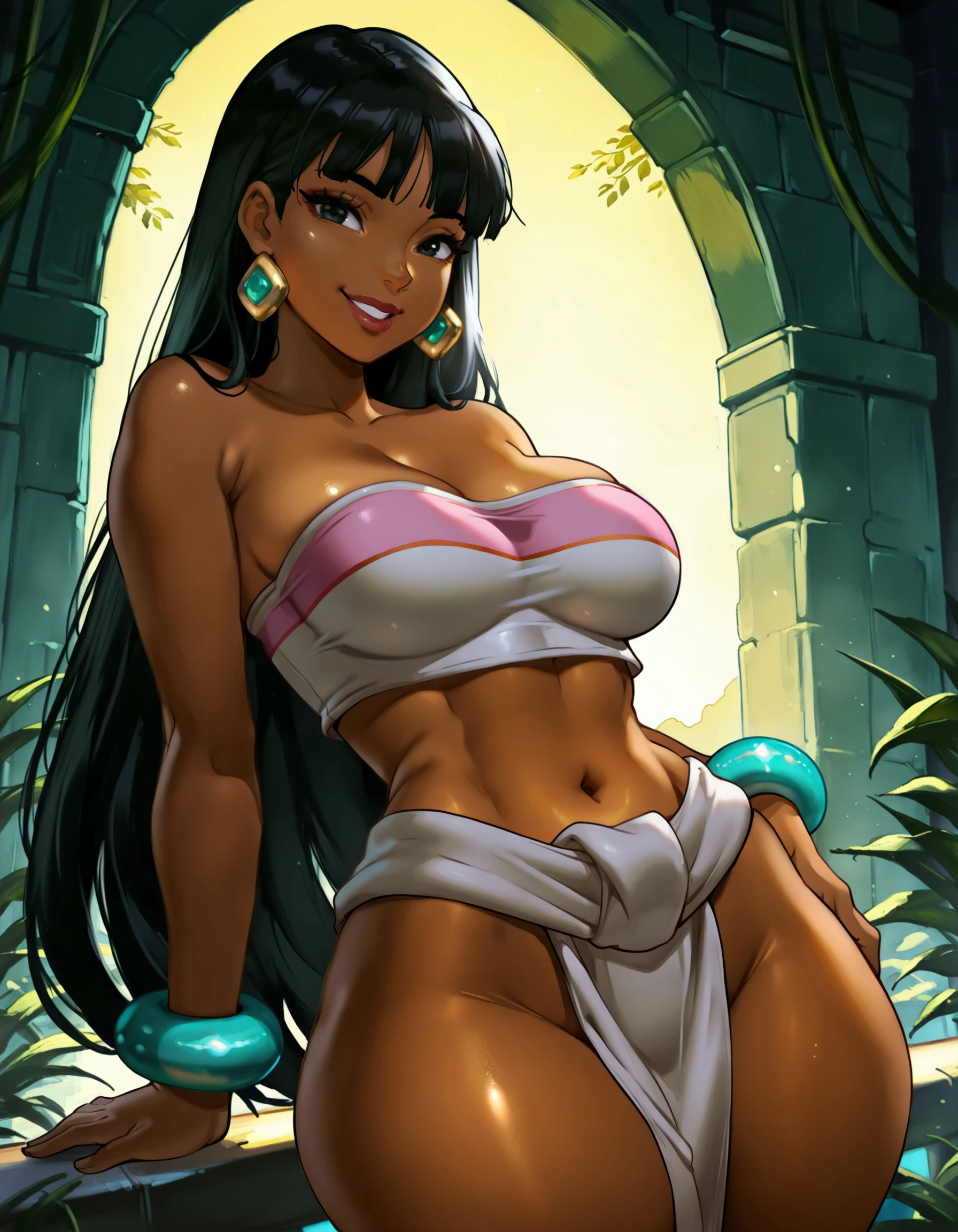 masterpiece,best quality,
chelill, 1girl, long hair, earrings, solo, lips, bracelet, looking at viewer, navel, thick thighs, strapless, tube top, pelvic curtain, smile, bare shoulders black hair, black eyes, large breasts,   dark skin, 
illustriouslogan
<lora:chelill-000004:1>, <lora:Logan_Cure_-_Illustrious:0.7>