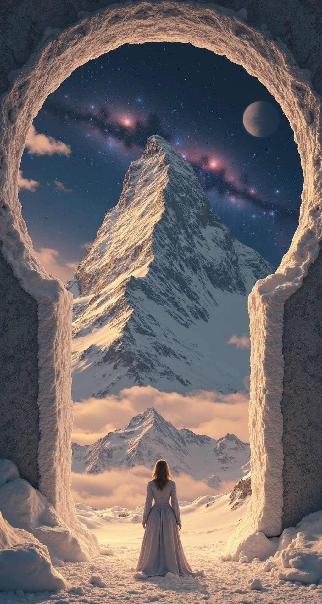 A surreal fantasy scene featuring a giant keyhole-shaped portal opening to a breathtaking, winter landscape. Inside the keyhole, a towering mountain floats under a sky filled with galaxies and stars and the cresent moon. In the foreground, a lone figure stands, gazing at the otherworldly landscape beyond the keyhole. The sky outside the keyhole is filled with darkness, while the scene inside the portal is illuminated by ethereal light, blending warm hues of orange and yellow. The image is captured in hyper-realistic 8K UHD cinematic photography style, with nuanced attention to detail. --chaos 20 --ar 1:2 --style raw --stylize 250 --ar 128:85 --v 6.0, (UHD:1.4), structured skin, beautiful colors, detailed skin, perfect natural face, (sfw:1.4), dynamic pose,