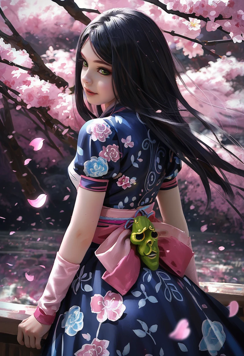 1girl, solo, young woman, AMRSD, green eyes,3/4 body shot, nephritis oni mask on dressbow, long hair, black hair, looking back at viewer , pink dress bow, floral yukata, pink detached sleeves, from behind, wind blowing Sakura petals air, warm smile, parted lips, <lora:AliceSilkMaidenPonyV1:0.9>, <lora:Wlop_v3_Style_PonyXL:0.8> by wlop, wlop, score_9, score_8_up, score_7_up,