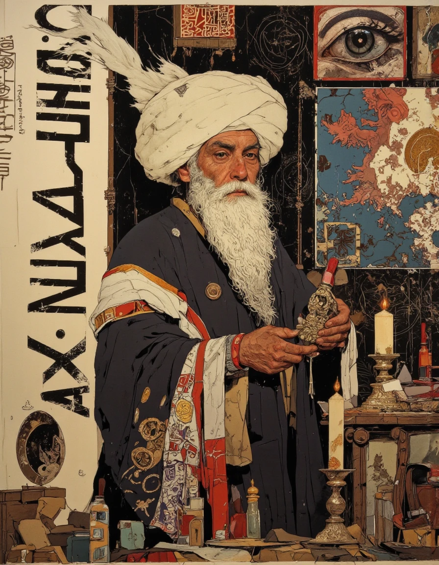 By Phandigrams. A digital illustration shoot from a front camera angle about an elderly man with a long white beard and a traditional turban, dressed in a dark robe, standing in the middle of the image, holding a small, ornate object in his hands. the man appears to be an adult, with a serious expression on his face. he is wearing a large, white hat and a long, dark robe with intricate patterns. the background is a dark, textured wall adorned with various religious symbols and posters, including an all-seeing eye, a star, and a crescent moon. on the left side of the man, there is a large scroll with japanese text, and on the right side, there are various decorative items such as a candle, a book, and other items. the overall style of the illustration is reminiscent of ancient egyptian art, with bold outlines and vibrant colors.