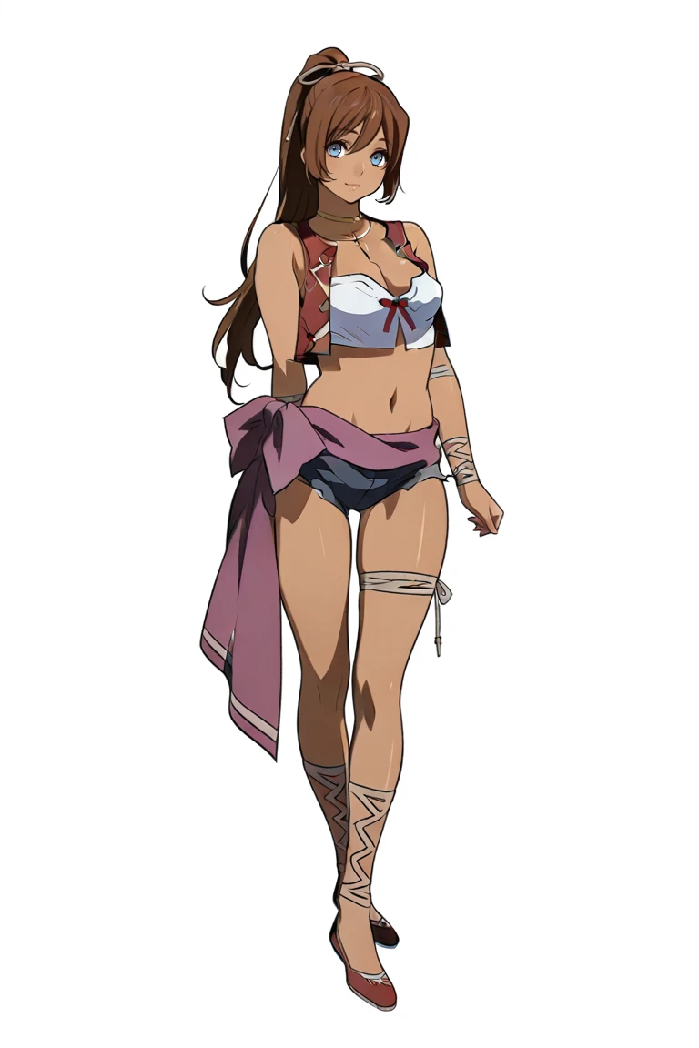 1 woman, Long brown hair , red eyes , sly face , smile , pink bikini , abdomen, big breasts , Long legs , Stand with your feet waist. , Black background