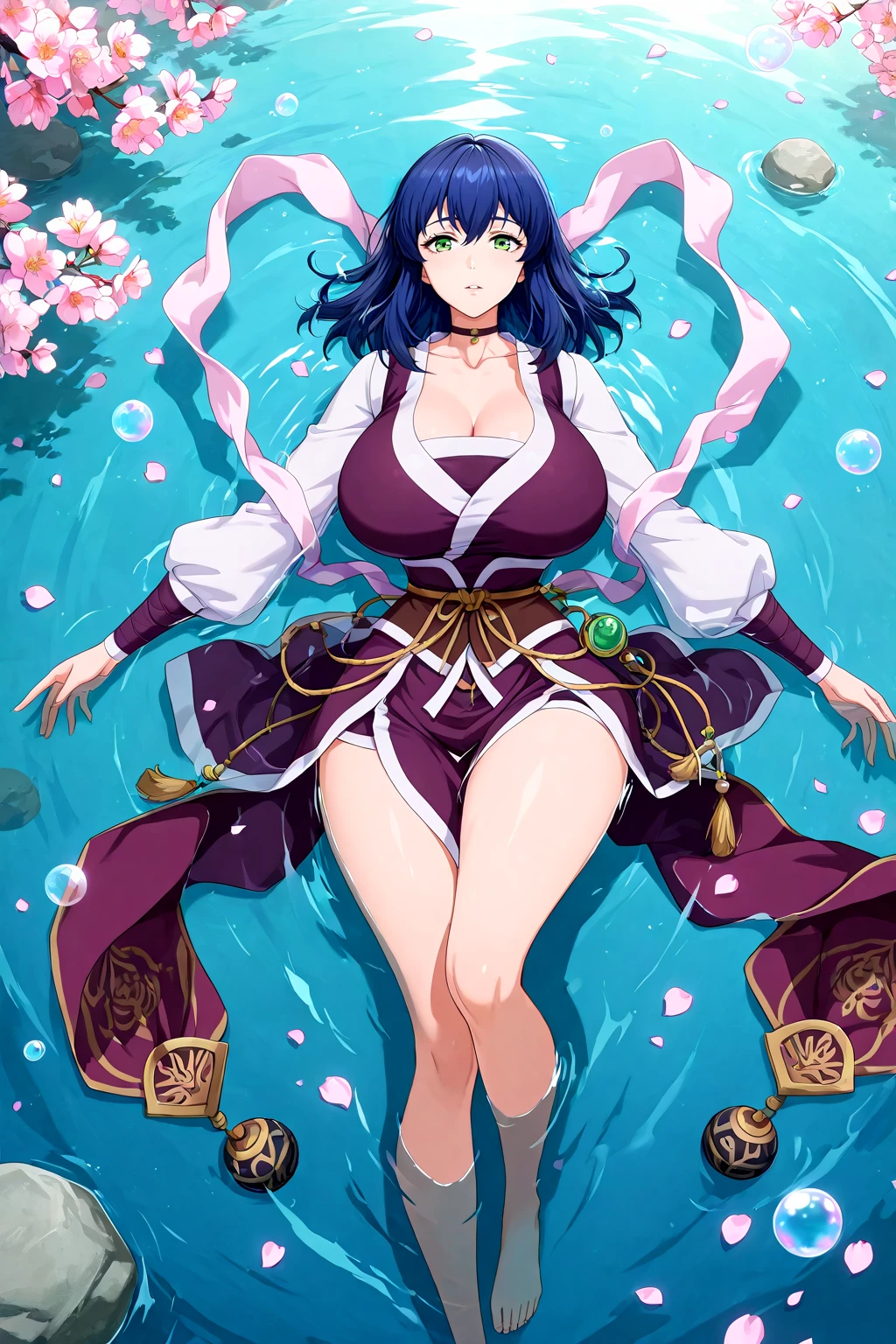 (full body), seductive look, blush, outdoors, looking at viewer, lake, moody lighting, (perfect detail eyes:1.2), mole under eyes glowing eyes, shiny skin, purple hair, purple eyes, smile, (long hair one braid:1.2), (huge breasts), sleep on water, (Masterpiece, Best Quality, High Quality:1.4), professional artwork, Intricate Details, field of view, sharp focus, (wet:1.2)