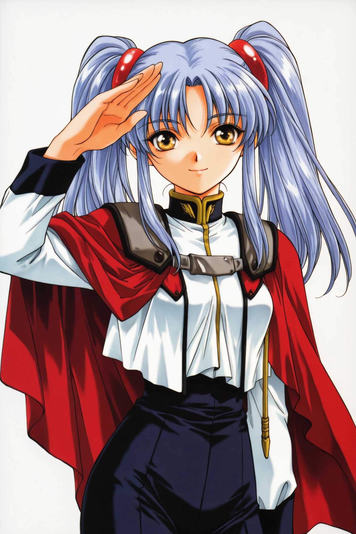 Hoshino Ruri,uniform,1girl,solo,twintails,long hair,long sleeves,blue hair,1990s \(style\),looking at viewer,white background,simple background,smile,red cape,brown eyes,yellow eyes,bangs,salute,
<lora:Keiji Gotoh_illustriousXL:0.3>,
<lora:Azuma Mayumi_illustriousXL:1>,
