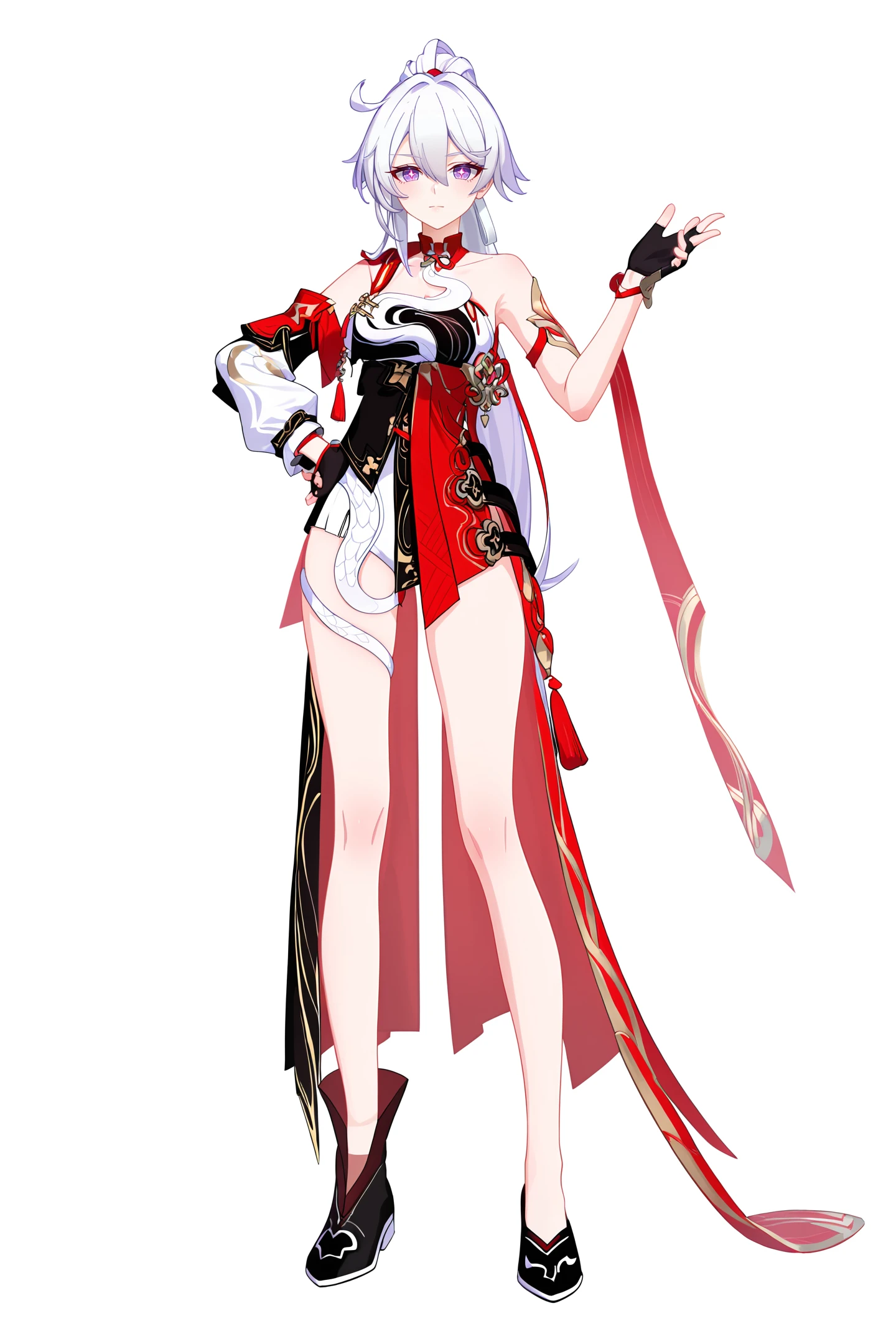 score_9,score_8_up,score_7_up,score_anime,8k,best quality,masterpiece,(ultra-detailed),(high detailed skin),(by nanoless, by misumi \(macaroni\),:0.5),<lora:YLI 0.1v:0.25>,<lora:style1:0.25>,
A full-body portrait of a young girl,standing gracefully,pastel art style,high-key lighting,shoujo manga influence,hd quality,delicate details,
full body,full shot,standing,looking at viewer,(solo:1.2),simple background,white background,hand on own hip,
<lora:zhongyannew-pony-Tanger-000018:0.8>,kiana jixing, 3rd clothes, clothes: jixing chinese clothes, purple cross-shaped pupils, 1girl, single black fingerless glove, purple eyes, white hair,