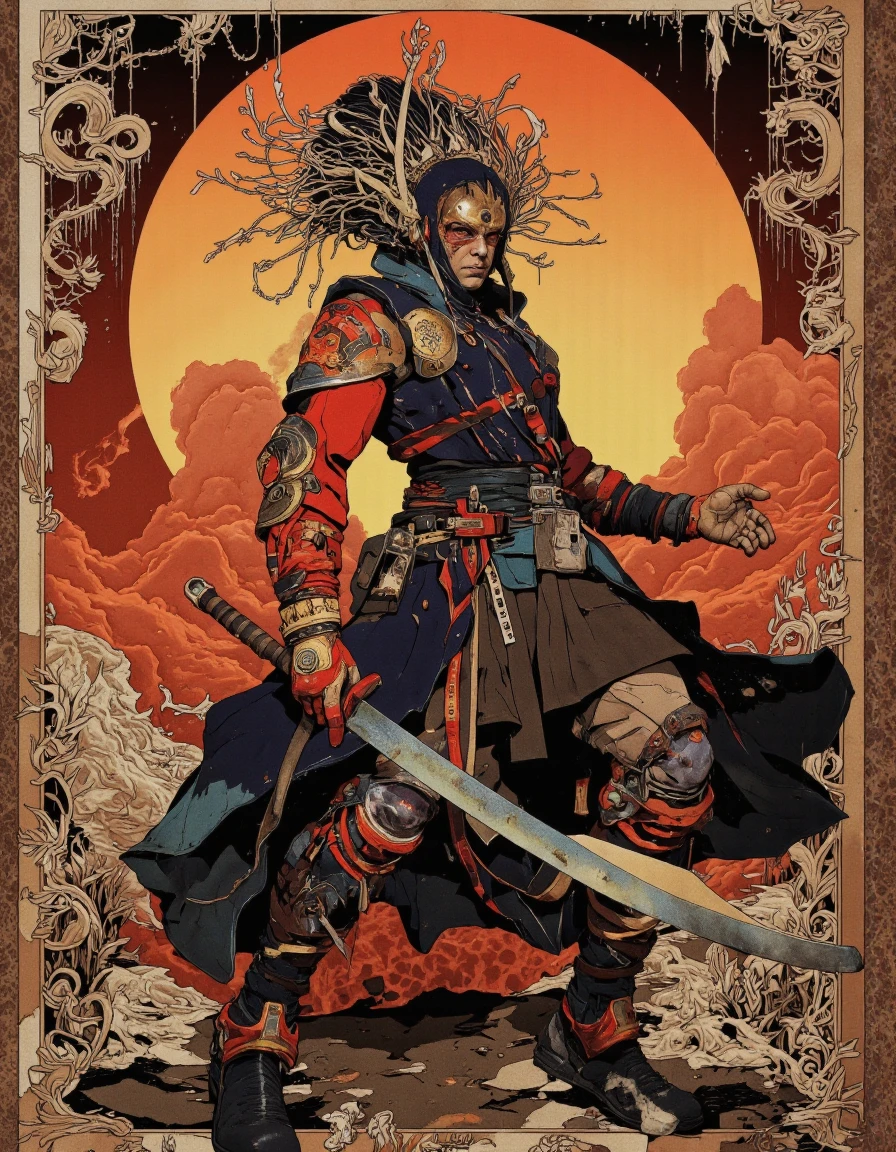 By Phandigrams.
hell lava art by Yoann Lossel, color style by Tom Haugomat, wear tiara of wires, iron mask, holding cyber katana, volumetric light, fighter pose, insanely detailed, cyberpunk ornate, action packed, full body standing, sun rising background.