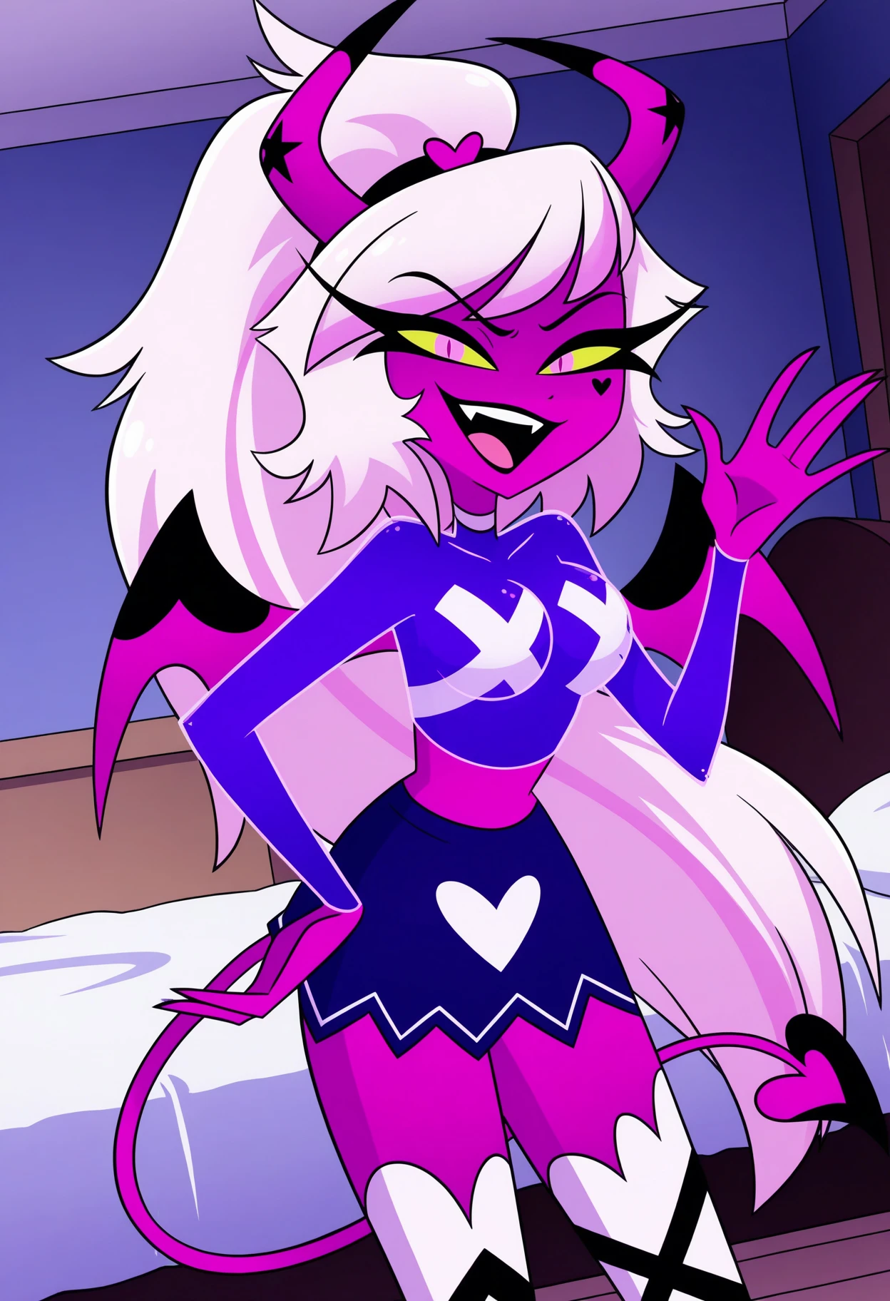 anime screencap, absurdres, high quality, official style, verosikamayday, colored skin, pink skin, demon girl, succubus, wings, demon tail, white hair, long hair, colored sclera, yellow sclera, pink eyes, ozzie's outfit, black long sleeves, black miniskirt, white thighhighs, looking at viewer, smile, open mouth, waving, cowboy shot, dutch angle, indoors, bed, bedroom, <lora:Verosika_Mayday_Helluva_Boss_Epsilon_Pred_Illustrious_Edition:1>