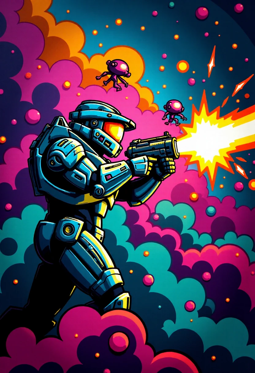 <lora:Graffiti_Characters2_FLUX-000011 (1):0.9>
This is a vibrant, stylized digital drawing set against a dramatic, abstract background, of a Master Chief shooting at aliens in space