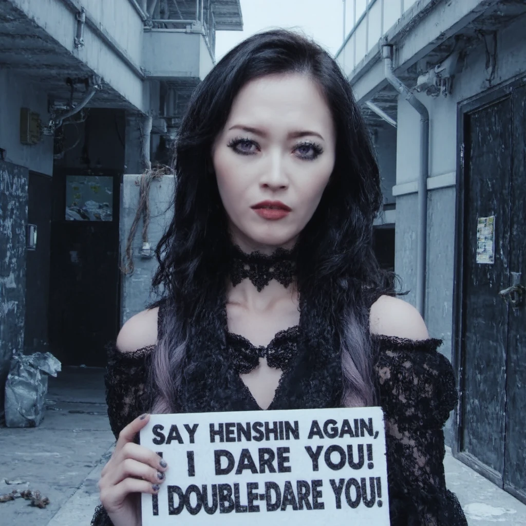 A woman in an abandoned alleyway, a scowl on her face, she is holding a sign that says "SAY HENSHIN AGAIN, I DARE YOU! I DOUBLE-DARE YOU"