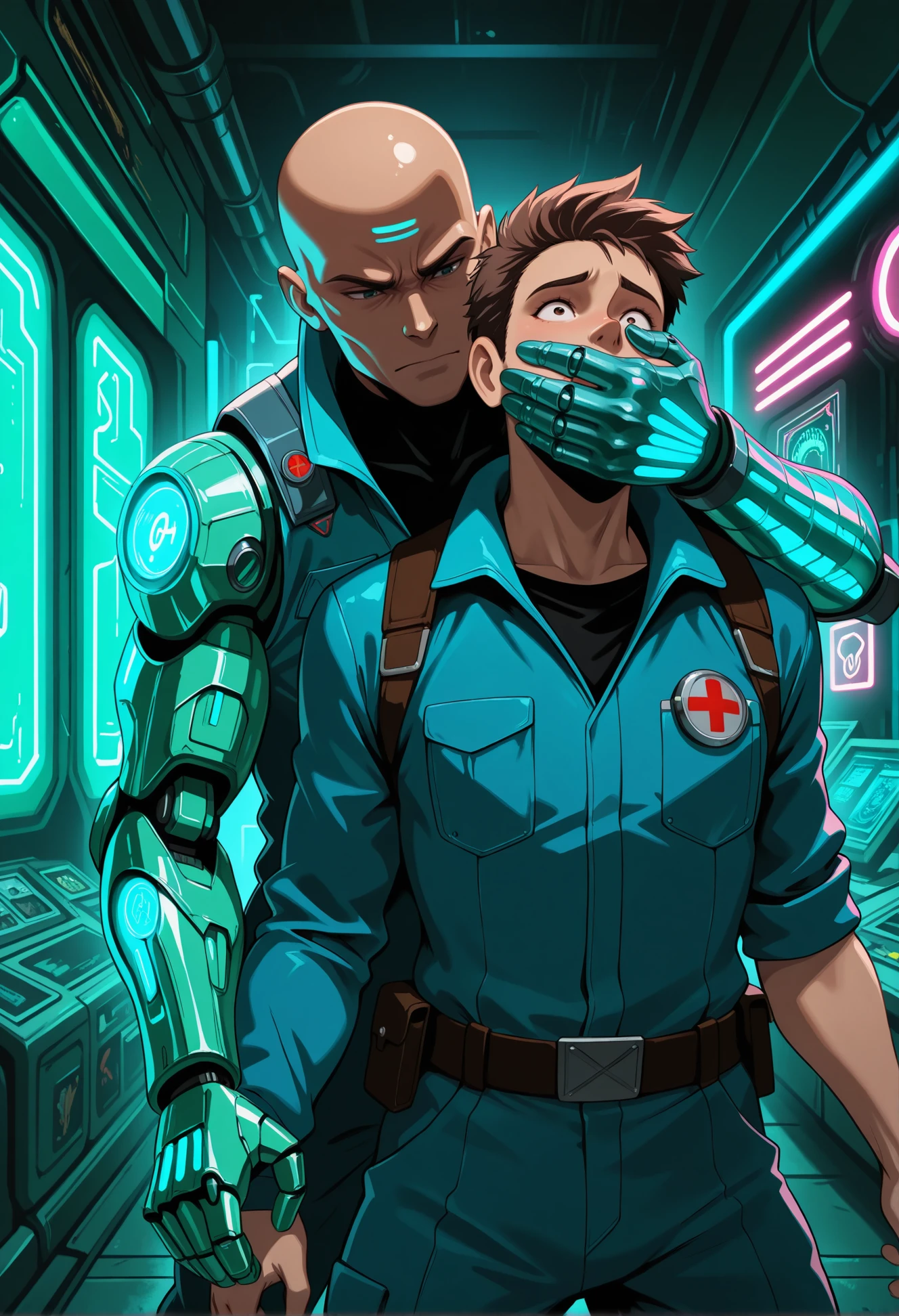 masterpiece, best quality, amazing quality, mature,
male on male, handgag, front view, standing, sci-fi lab, futuristic, bald dom, cybernetic arm dom, short hair sub, jumpsuit sub, neon lights, sterile environment, short brown hair sub