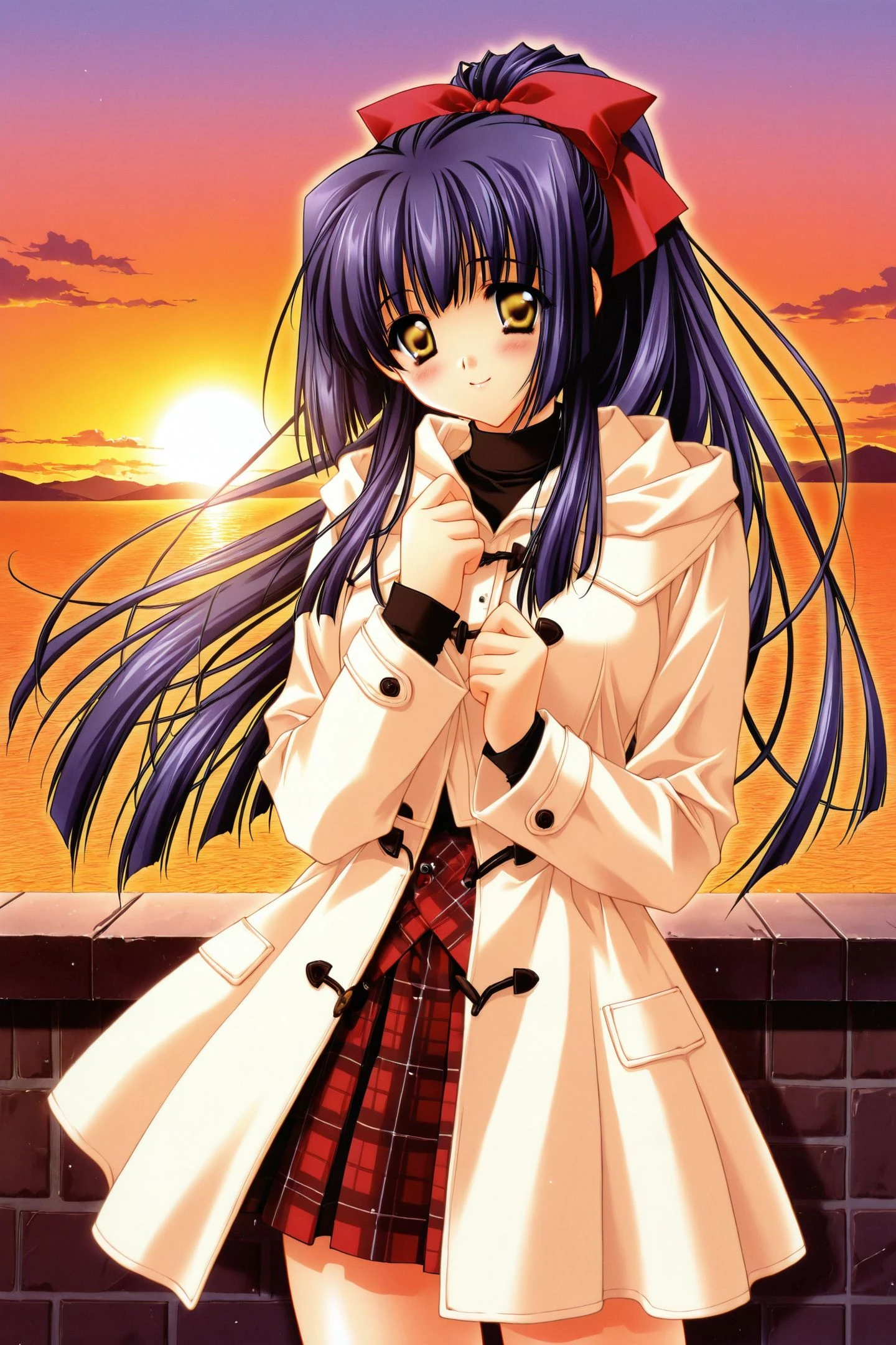 Kuraki Suzuna,1girl,solo,long hair,skirt,ponytail,smile,coat,plaid,yellow eyes,plaid skirt,bow,hair bow,ribbon,sunset,purple hair,hair ribbon,blush,
<lora:Carnelian_illustriousXL:0.8>,