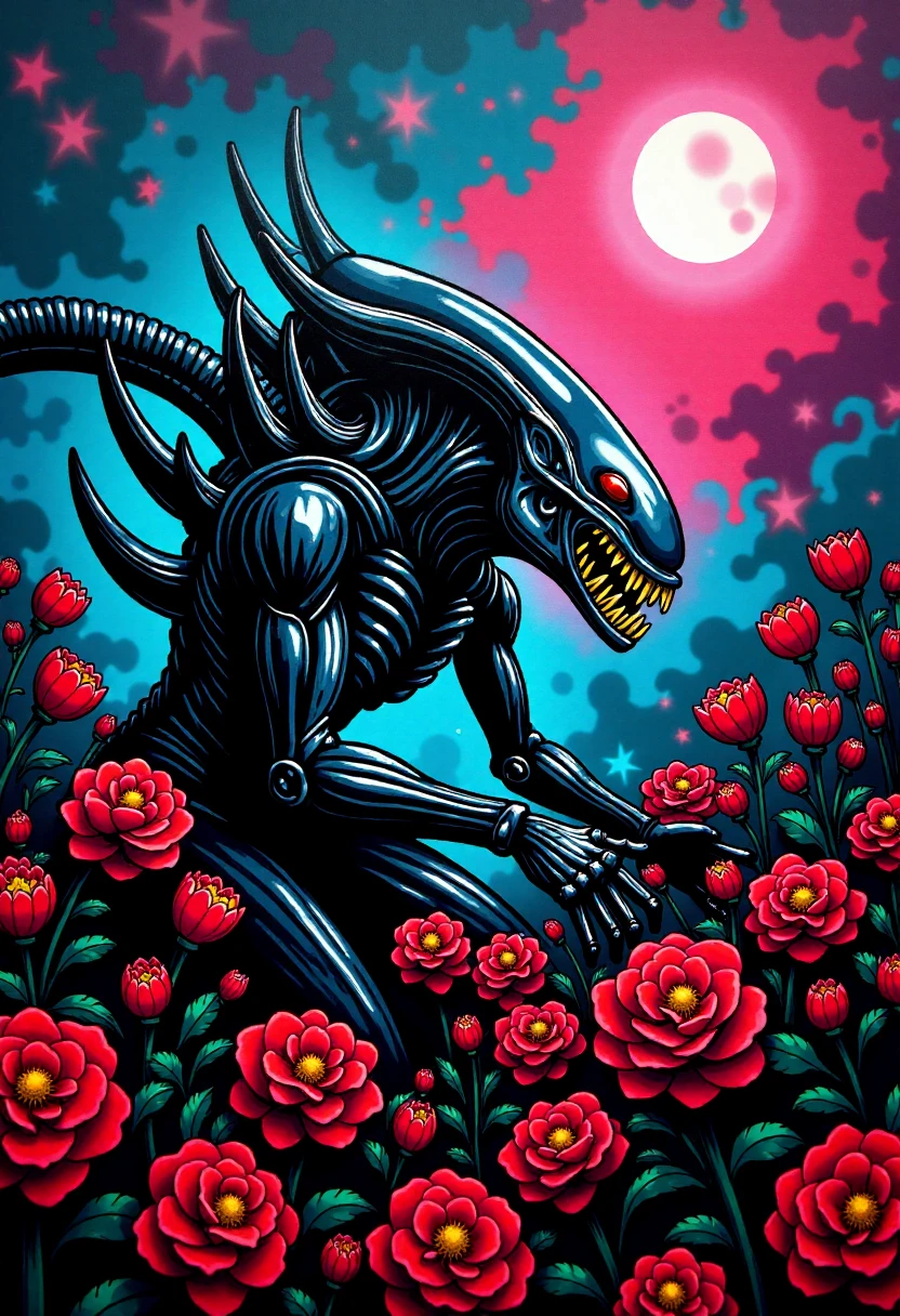 <lora:Graffiti_Characters2_FLUX-000011 (1):0.9>
This is a vibrant, stylized digital drawing set against a dramatic, abstract background, of a black Xenomorph picking flowers in a garden