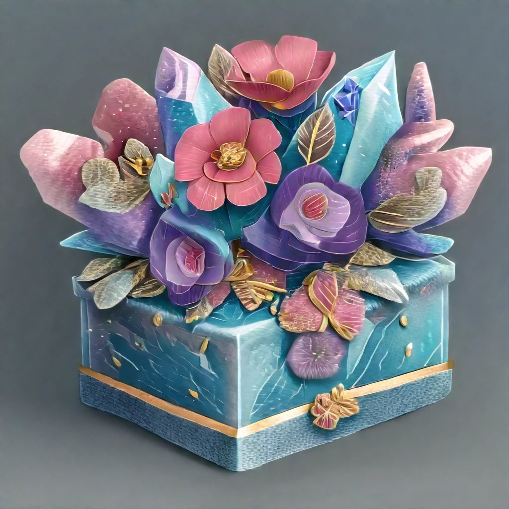 <lora:Midjourney_V7_Ars_StyleIllustrious:1> ArsMJStyle7, The image shows a blue and pink flower box with flowers on it set against a grey background. The box is made of a combination of blue and gold colors and is decorated with artificial flowers and leaves., no humans, flower, grey background, still life, simple background, crystal, pink flower, gem, purple flower, coral