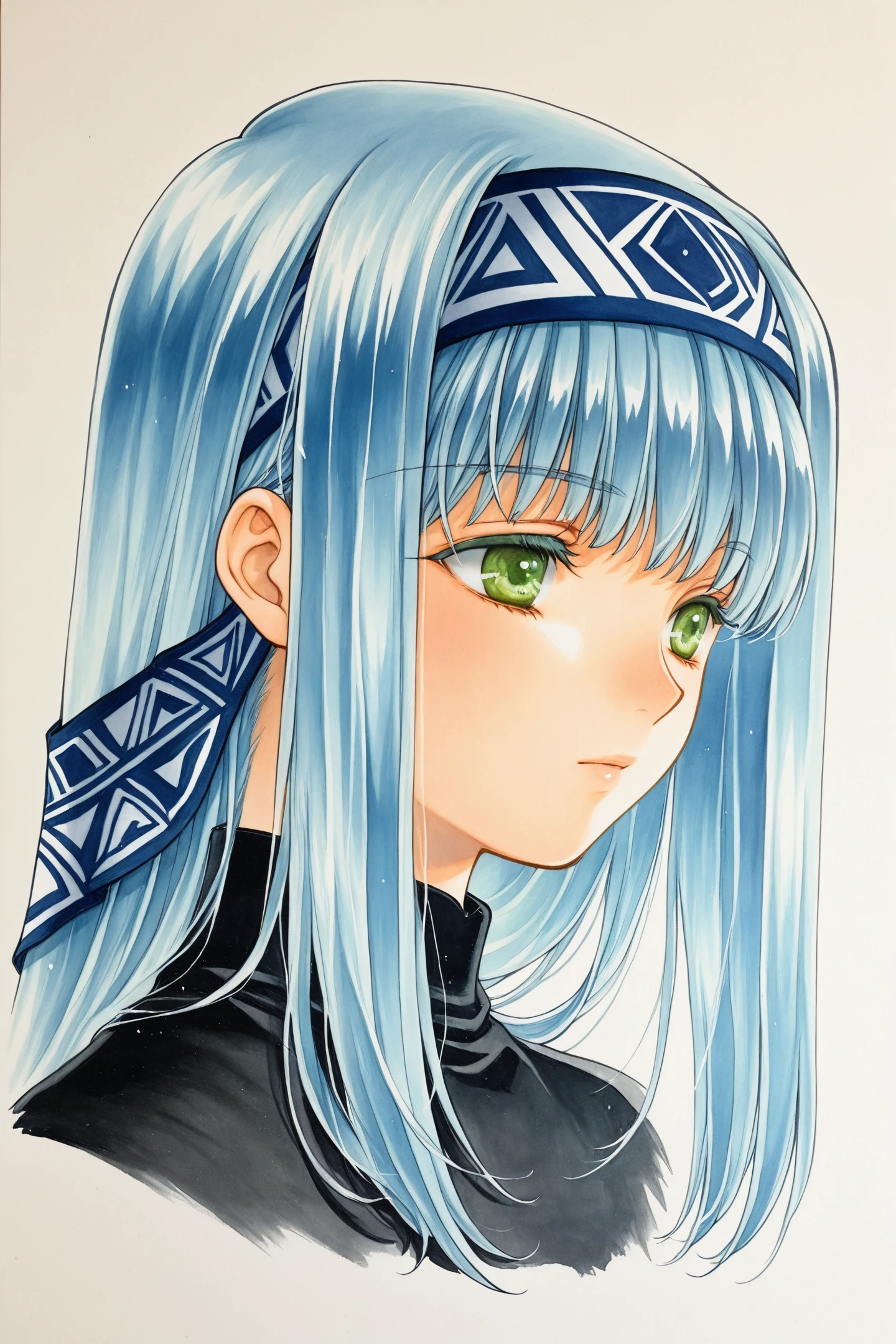 Reverie Metherlence,1girl,solo,green eyes,blue hair,hair behind ear,long hair,portrait,bangs,traditional media,black shirt,
<lora:Azuma Mayumi_illustriousXL:0.8>,
