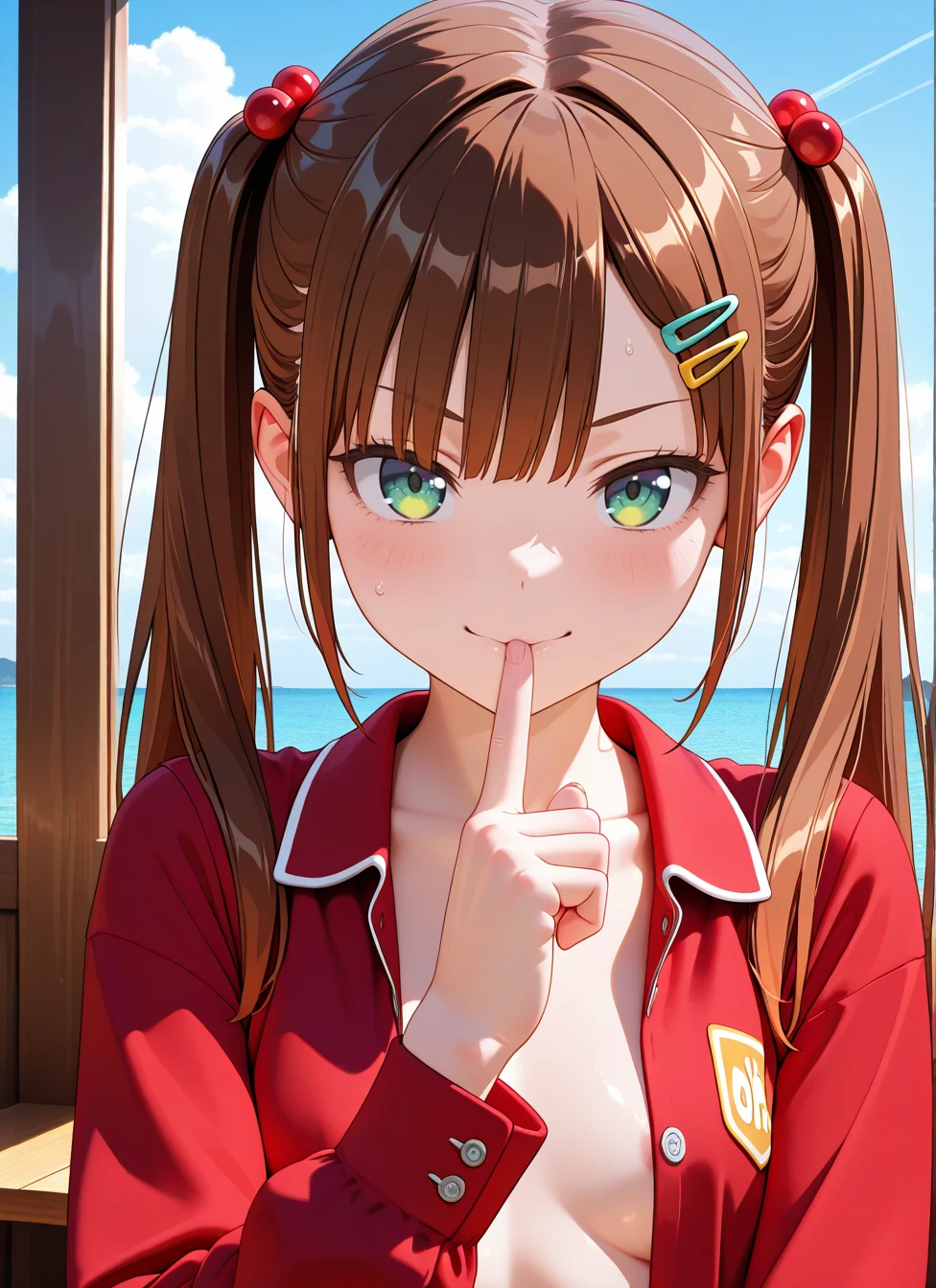 1girl, green eyes,twintails,hair ornament,long hair,hairclip, bangs, brown hair, looking at viewer, , upper body, smirk, 3d, finger point to mouth, uncensored,, <BREAK> , masterpiece, amazing quality, best quality, ultra-detailed, 8K, illustration, CG, anime coloring,