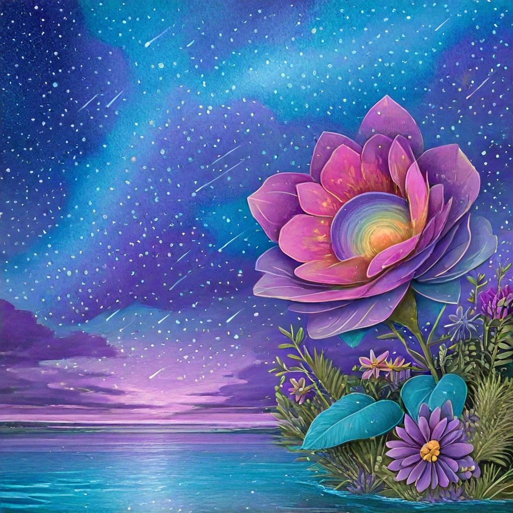 <lora:Midjourney_V7_Ars_StyleIllustrious:1> ArsMJStyle7, The image shows a psychedelic painting of an eye in the middle of a body of water surrounded by flowers and plants with stars in the sky above., flower, no humans, sky, star (sky), scenery, purple flower, starry sky, water, cloud, night