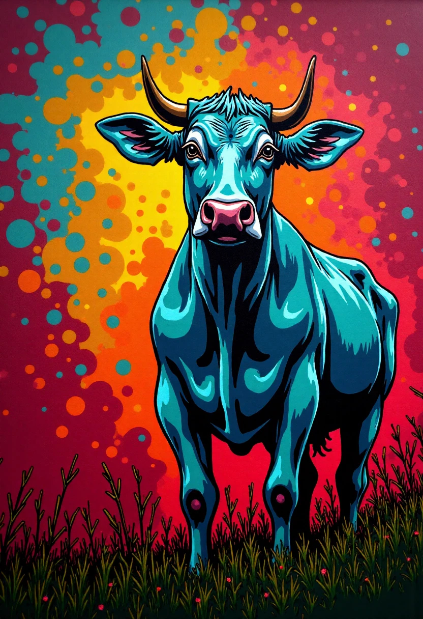 <lora:Graffiti_Characters2_FLUX-000011 (1):0.9>
This is a vibrant, stylized digital drawing set against a dramatic, abstract background, of a a cow in a field