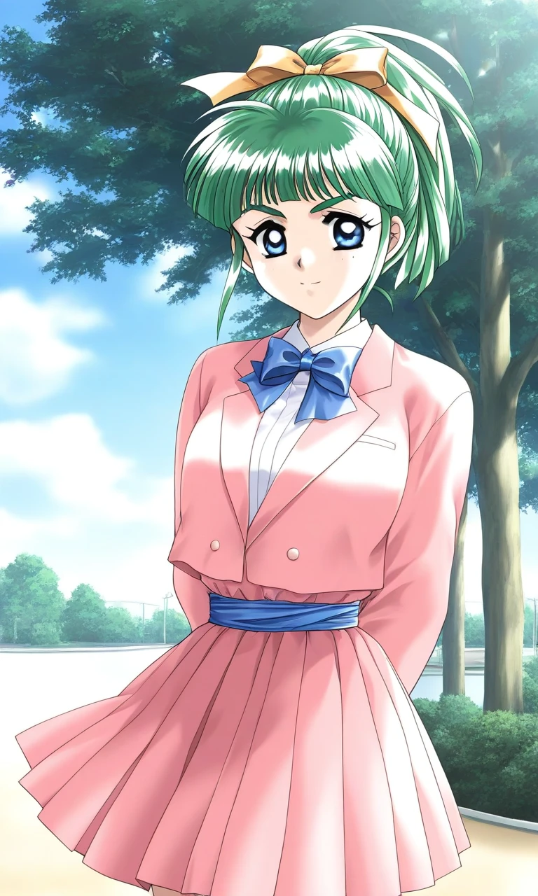 general,highres, ultra-detailed,very aesthetic,best quality ,best hands, BREAK <lora:Iijima_Miyuki_kakyuusei_Ver2.0_IS:1>
Iijima_Miyuki(kakyuusei), 1girl, solo, green hair, high ponytail, bangs, short hair, blue eyes, hair ribbon,Yellow ribbon, breasts, white shirt,
pink jacket, bowtie, blue bow, shirt, jacket, white shirt, blue bowtie, pleated skirt, pink skirt, blue sash, arms behind back, long sleeves, outdoor, day, tree,