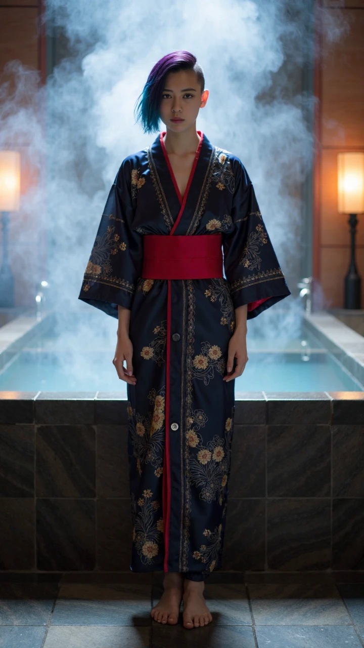Shot from the front perspective, the steam-filled bathroom presents a dreamlike scene. The rising steam forms a hazy white mist in the space, adding a layer of mysterious and soft filtering effect to the entire setting.
At the center of the frame, an extraordinarily elegant female model directly faces the camera, barefoot, standing before a spacious Japanese-style bath. The bath features a traditional rectangular design, encased with dark natural stone, and the water surface inside is as still as a mirror, reflecting the soft surrounding lights and the model's silhouette. Her feet are fair and slender, with toes lightly touching the smooth stone floor, creating a delicate visual contrast with the moist surroundings.
She is dressed in an extremely luxurious kimono, with the front view clearly displaying its exquisite details—made of premium silk, the main fabric is deep blue embroidered with fine golden and silver sakura patterns. These floral patterns extend from the collar to the hem, faintly visible amid the steam, resembling fireworks blooming in the night sky. The kimono's front lapel slightly opens in a V-shape, revealing her fair neck and delicate collarbone contours. The red inner lining at the collar forms a sharp contrast, adding a hint of boldness without losing elegance. A wide red sash is tied at her waist in a meticulously crafted knot at the front, accentuating her slender figure.
From the front perspective, her distinctive asymmetrical hairstyle is vividly displayed—the right side of her hair is shaved very short, almost near the scalp, showcasing the perfect contour of her head and the delicate shape of her ears; while the left side features shoulder-length hair dyed deep purple, transitioning into light blue at the tips. This avant-garde hairstyle design strongly contrasts with the traditional kimono yet magically blends into one, creating an aesthetic tension that transcends epochs.
Her facial expression is calm and confident, with a gaze directly at the camera that exudes a profound sense of strength. Her makeup is refined and daring—her eyebrows are groomed into sharp shapes, and the eyeliner flows smoothly and powerfully, extending from the inner corner of her eyes to the temples; the eyeshadow echoes her hair color in a deep purple gradient; her lips are coated with subtle rose-colored lipstick, neither overpowering the kimono nor diminishing the beauty of her lip shape.
The bathroom background is blurred by the steam, yet the elegant Japanese design elements remain recognizable—wooden walls, minimalist stone decorations, and a few paper lanterns emitting a warm glow. The lighting passes through the steam, forming soft halos that surround her, adding a surreal and dream-like quality to the entire scene.
From the front perspective, her posture is upright and graceful, with her arms naturally resting at her sides, fingertips slightly touching the fabric of the kimono. The overall composition of the scene is balanced and dynamic; her presence is both part of the space and transcendent of it, creating a powerful visual focus that holds the viewer's gaze.
This image successfully integrates traditional and modern, Eastern and Western aesthetic elements, presenting a cross-cultural visual impact that embodies both the subtle elegance of Japanese traditional aesthetics and the bold innovation of modern fashion.