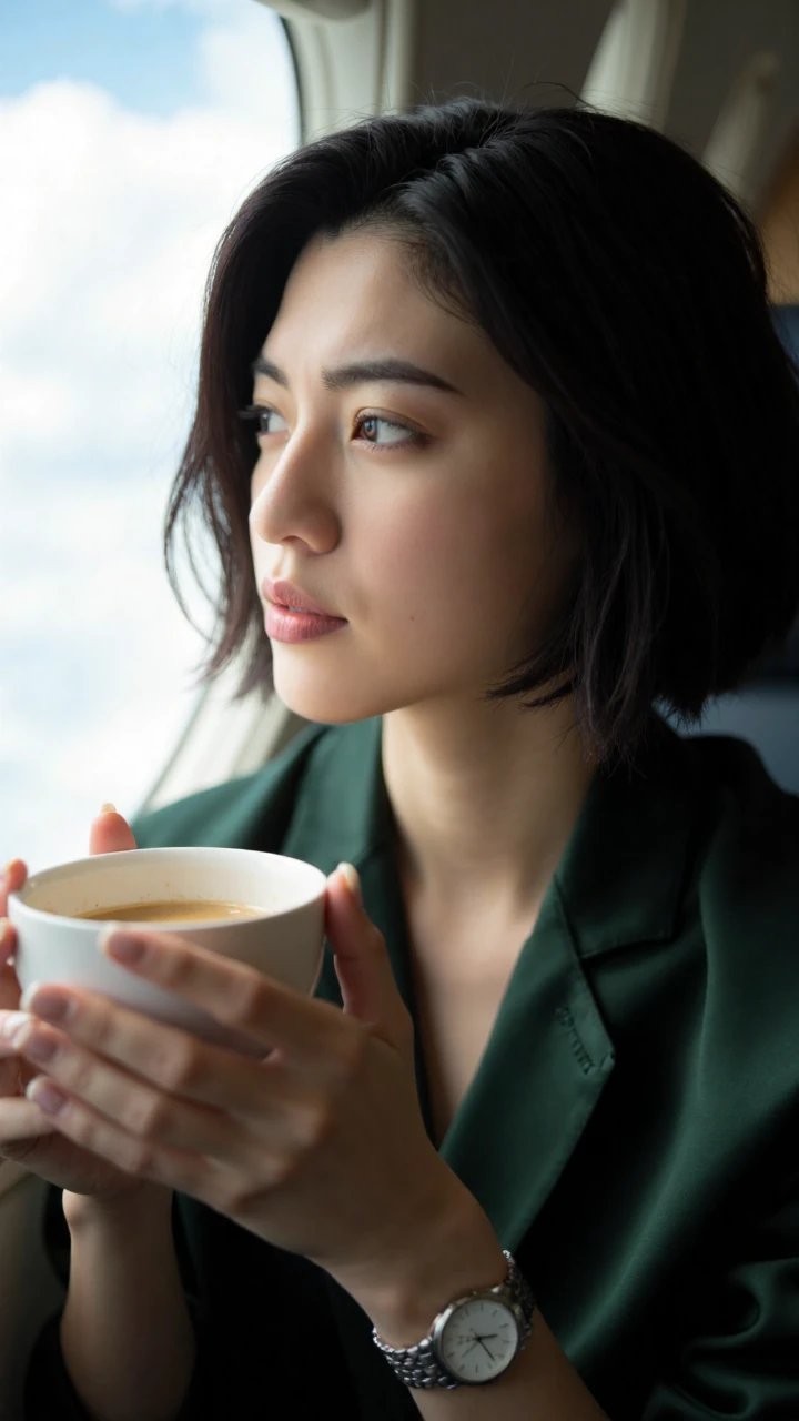 The model is a typical urban beauty, dressed in a dark green silk shirt paired with a black tailored blazer, highlighting a professional and elegant image. Her dark brown short hair is neatly trimmed to the jawline, with slightly inward-curled ends, showcasing a sharp yet feminine charm. Her meticulously applied makeup, though showing signs of fatigue, remains exquisite, with perfectly blended eyeshadow and blush. Her lipstick has slightly faded but still maintains a natural rosy hue.
She holds a white ceramic coffee cup in both hands, with steam gently rising from the coffee. Her gaze drifts through the cabin window into the distance, as if lost in thought. The nude-colored nail polish on her nails reflects a soft sheen under the sunlight, while a minimalist silver wristwatch on her wrist glimmers subtly.
The shot uses a close-up perspective, focusing on her profile expression and hand movements. The lighting comes from the natural light through the cabin window, creating a clear rim light on her profile, adding depth to her well-defined features. The background employs a shallow depth of field, blurring the clouds outside the window into soft white bokeh. The composition follows the golden ratio, placing the subject on the left side of the frame, leaving space on the right for the window view to complement the scene. The color tone harmonizes cool and warm hues, with the dark green shirt and warm skin tone forming a balanced color palette. The overall atmosphere captures a private moment of reflection for a professional urban woman amidst her busy work life, blending a sense of business with humanistic warmth.
This photograph successfully captures the duality of strength and vulnerability in modern professional women, using the coffee as a metaphor for the fast-paced urban lifestyle, while her unfocused gaze conveys inner confusion and contemplation. The image is both realistic and poetic, making it a highly narrative business portrait.