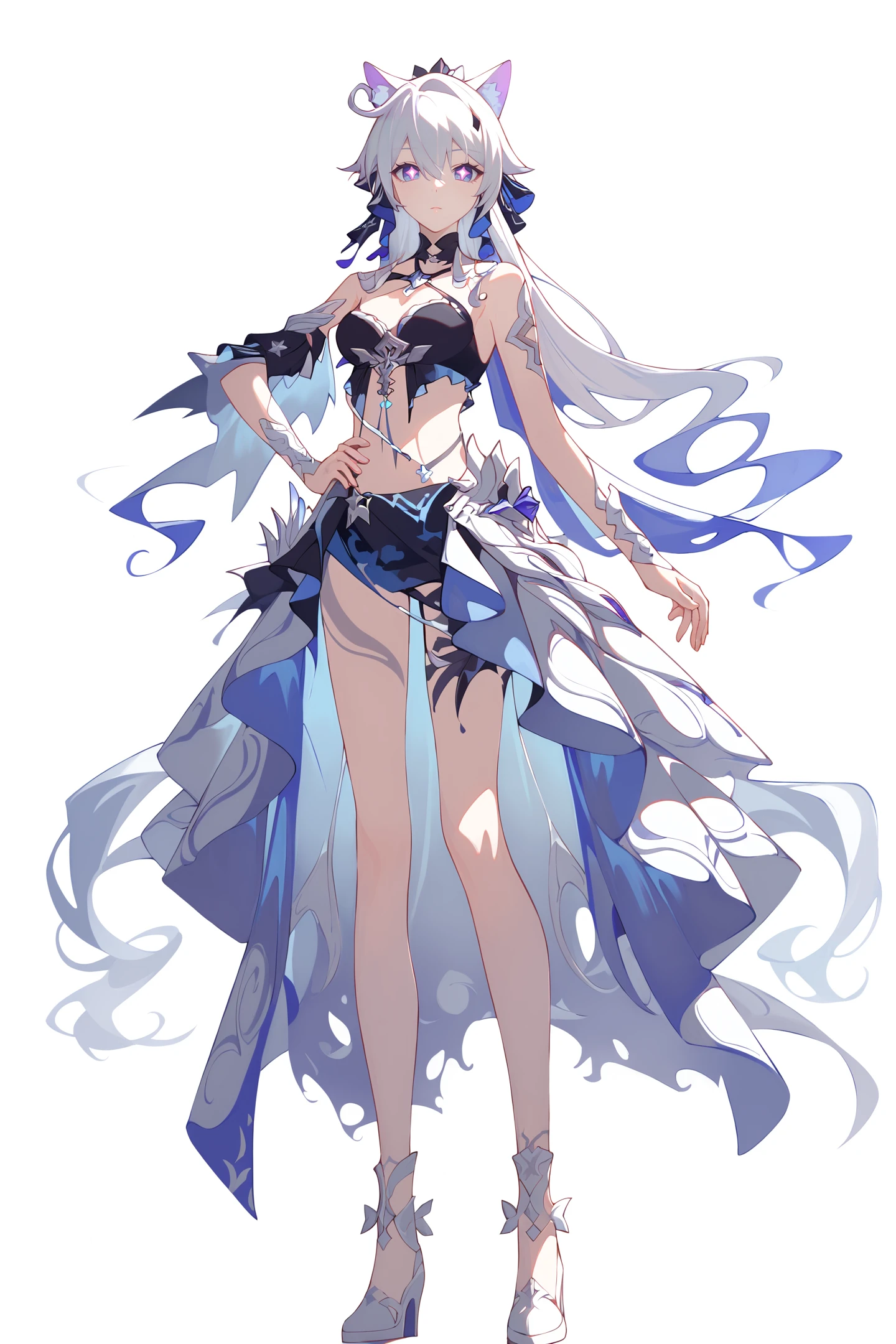 score_9,score_8_up,score_7_up,score_anime,8k,best quality,masterpiece,(ultra-detailed),(high detailed skin),(by nanoless, by misumi \(macaroni\),:0.5),<lora:YLI 0.1v:0.25>,<lora:style1:0.25>,
A full-body portrait of a young girl,standing gracefully,pastel art style,high-key lighting,shoujo manga influence,hd quality,delicate details,
full body,full shot,standing,looking at viewer,(solo:1.2),simple background,white background,hand on own hip,
<lora:zhongyannew-pony-Tanger-000018:0.8>,kiana swzy,2nd clothes,clothes: swzy Long-skirted swimwear with black bra,purple cross-shaped pupils, 1girl,animal ears,long hair,