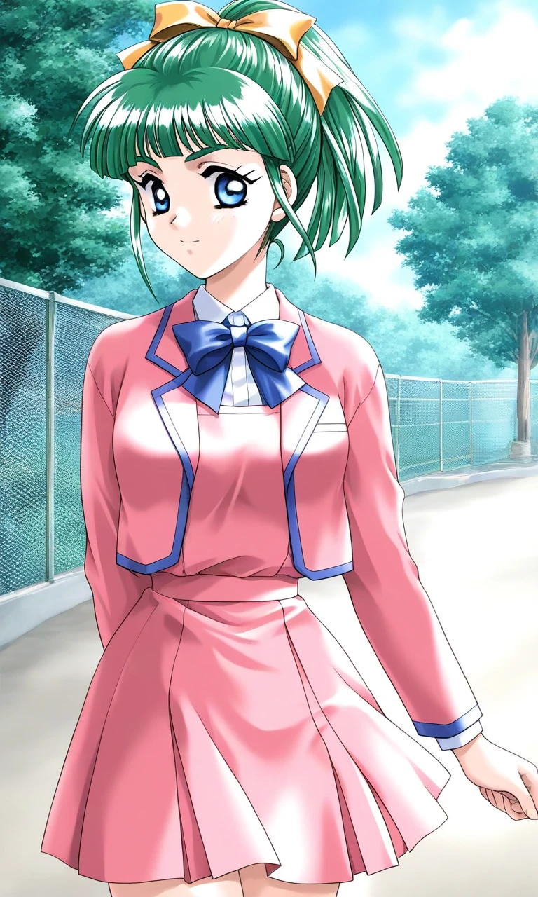 general,highres, ultra-detailed,very aesthetic,best quality ,best hands, BREAK <lora:Iijima_Miyuki_kakyuusei_Ver2.0_IS:1>
Iijima_Miyuki(kakyuusei), 1girl, solo, green hair, high ponytail, bangs, short hair, blue eyes, hair ribbon,Yellow ribbon, breasts,
school uniform, tree, pink skirt, fence, pink blazer, pink jacket, goard skirt, blue line jacket,
arms behind back,
long sleeves, chain-link fence,
outdoors, bowtie, blue bow,