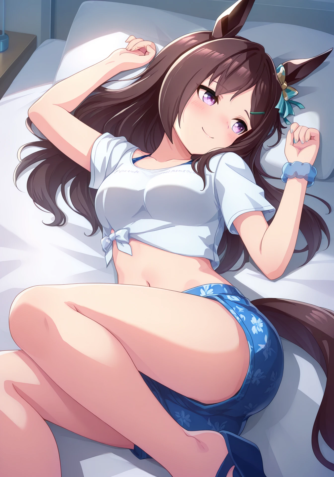 umaofficial,1girl,solo,MDober,black hair,purple eyes,horse girl,long hair,medium breasts,horse ears,horse tail,green ear ornament,green hair clip,parted bangs,
gazeblue,white tied midriff,blue short shorts,blue wrist scrunchie,blue flip-flops,blue bikini,bikini under clothes,
dynamic pose,on bed,lying,blush,smile,on back,
masterpiece,best quality,highres,amazing quality,
<lora:GazeOnMeILV1:1>,<lora:UmaOfficialILV1.0:0.8>,<lora:MejiroDoberILV2-000001:1>,