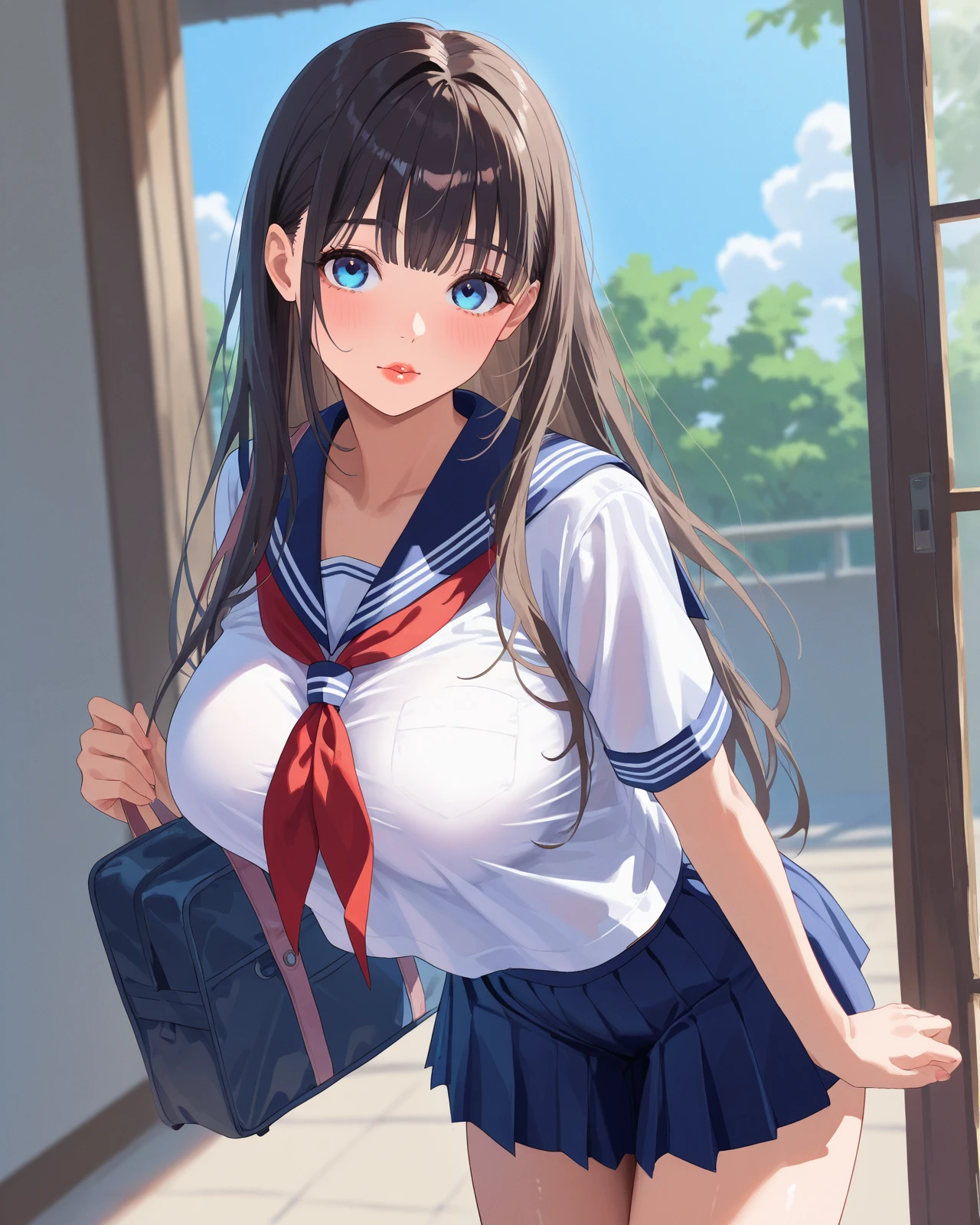 best quality, masterpiece, colorful, a mature woman, solo, back shot, (schoolgirl uniform), (emotionless face),  terracotta color hair, shiny skin, huge breasts, wide hip, thick, curvy, chubby