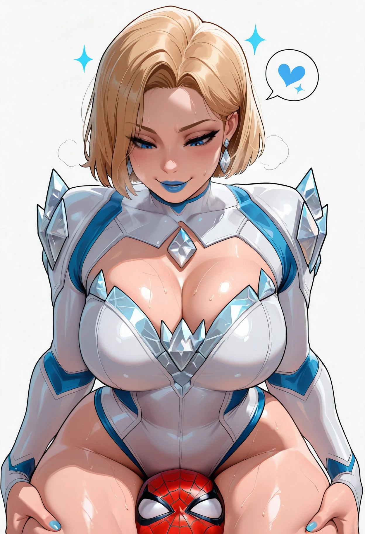 masterpiece,best quality,amazing quality, absurdres, <lora:emma_frost_marvel_rivals_ilxl_goofy:1> emma frost, spider-man, 1boy, 1girl, asphyxiation, between thighs, blonde hair, blue eyes, blue lips, blue nails, blush, bodysuit, breasts, breath, diamond \(gemstone\), earrings, hands on another's thighs, head between thighs, heart, jewelry, large breasts, leotard, multicolored leotard, nail polish, parted lips, red bodysuit, short hair, simple background, smile, sparkle, spider web print, spoken heart, squeezing, superhero costume, sweat, thick thighs, thighs, two-tone leotard, white background, white leotard, wide hips
