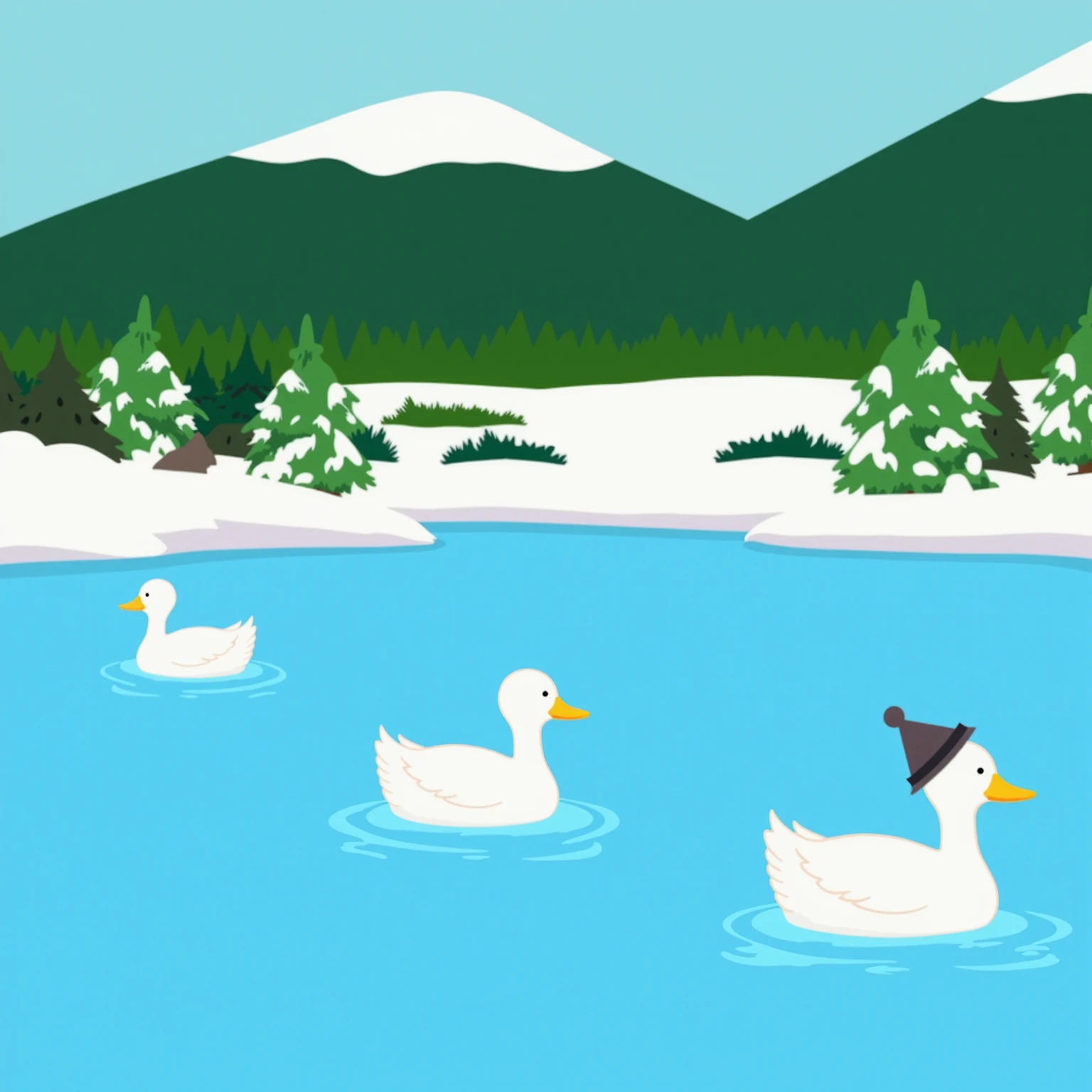 Digital drawing in South Park style, pond landscape with ducks floating on blue water. Snow-covered banks, flat green trees. Three ducks with classic simple design, yellow beaks. One duck wearing tiny hat. Mountain backdrop. 
 <lora:sp64-000114:1>