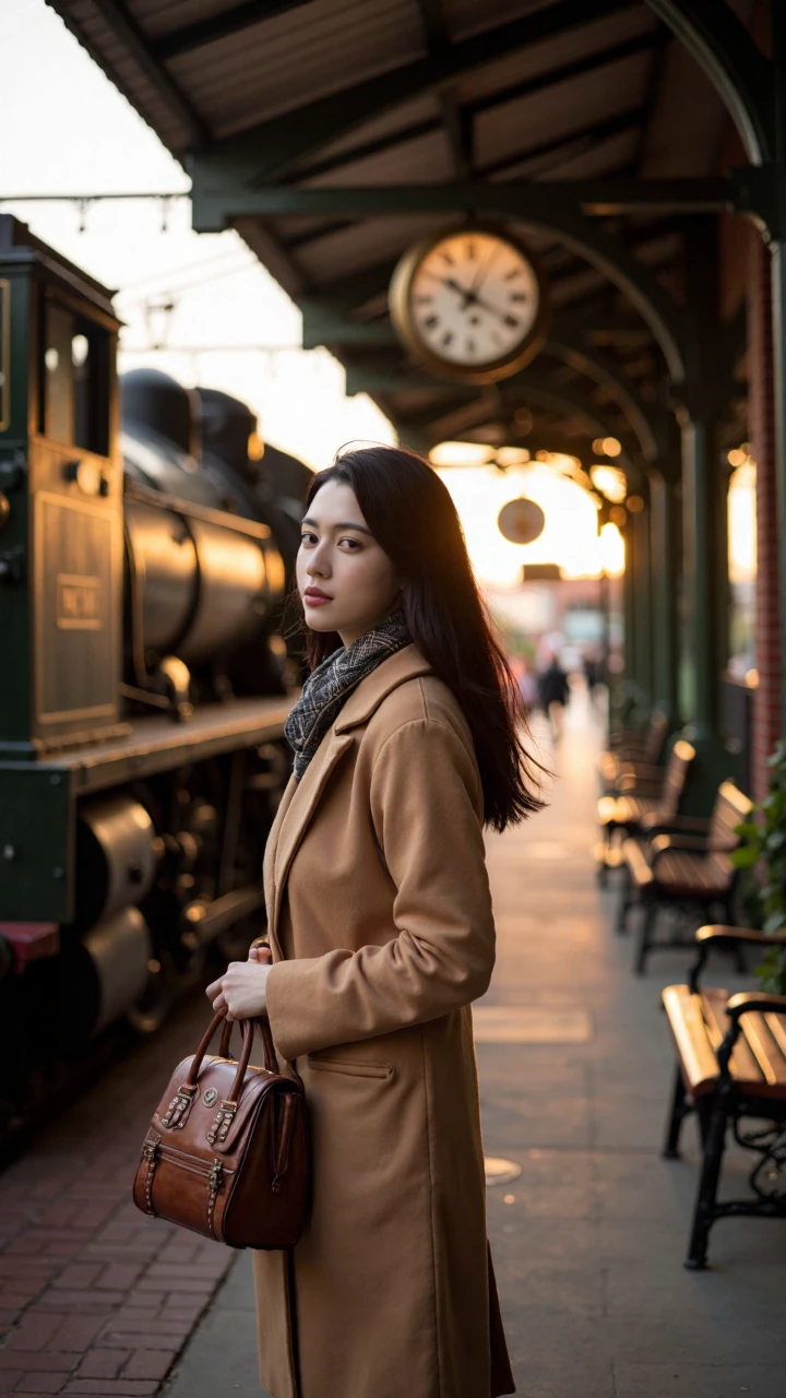 This is a photo taken on the platform of a vintage train station. The young woman in the image stands next to an old-fashioned steam locomotive, wearing a camel-colored wool coat with the hem gently swaying in the breeze. The coat's tailoring is clean and crisp, with a double-breasted design that evokes a vintage aesthetic. Around her neck is a plaid cashmere scarf, casually tied in an elegant knot.
Her long black hair sways slightly in the wind, the strands shimmering with a golden glow in the sunset light. In her hand, she holds a vintage leather handbag, its surface adorned with travel stickers from various destinations, telling stories of faraway places. She tilts her head slightly, gazing up at the old-fashioned clock on the platform, a hint of anticipation on her lips.
The train is a typical steam locomotive, its black body gleaming with a metallic luster in the evening light. The copper components on the front have been polished to a shine, and a wisp of white smoke rises from the smokestack. The carriages are a deep green, with gold-trimmed window frames, the glass reflecting the evening sky.
The platform is in the typical Victorian architectural style, with cast-iron columns wrapped in climbing ivy, the leaves gently swaying in the breeze. The platform's canopy is supported by an ornate cast-iron frame, the glass roof allowing the warm sunset light to filter through. The walls are made of red brick, the passage of time adding a unique texture to the masonry.
The platform benches are deep brown wooden seats, their backrests carved with intricate floral patterns. The platform's edge is paved with ancient brick and stone, bearing the marks of time. In the distance, the traditional flip-style station sign has a brass frame that glimmers in the evening light.
The air is permeated with the distinctive scent of coal from the steam locomotive, mingled with the aroma of engine oil on the tracks. In the distance, the whistle of the train echoes across the empty platform, where a few scattered travelers hurry by, the rhythmic sound of their suitcase wheels on the ground.
The image uses a panoramic composition, fully showcasing the grand architecture and vintage atmosphere of the train station. The setting sun's light slants in from the west, casting long shadows on the platform and imbuing the scene with a sense of the passage of time. The overall color palette is warm, dominated by golden and brown tones, creating a nostalgic and romantic ambiance.
This photograph perfectly captures a moment of anticipation and travel, showcasing the vintage charm and timeless beauty of the old-fashioned train station. Every detail in the image tells a story about journeys, expectations, and romance.