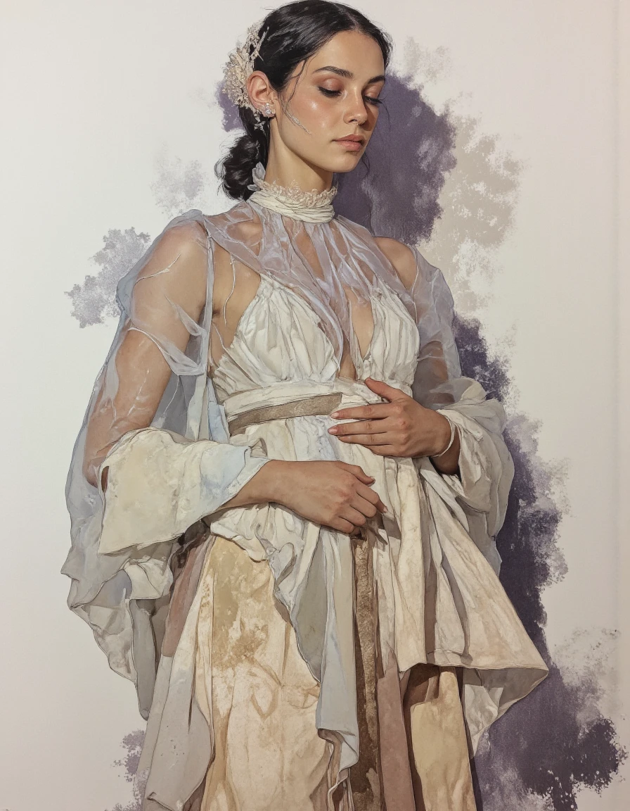 By Phandigrams.
This is a highly detailed, realistic oil painting by the artist, known for his meticulous attention to texture and light. The artwork features a woman in a dress, figurative art, diaphanous translucent cloth, goddess of light, made of mist, silk dress, transparent cloth, with a white background, luminous body, godesses, vapor, issey miyake, light and shadow play.