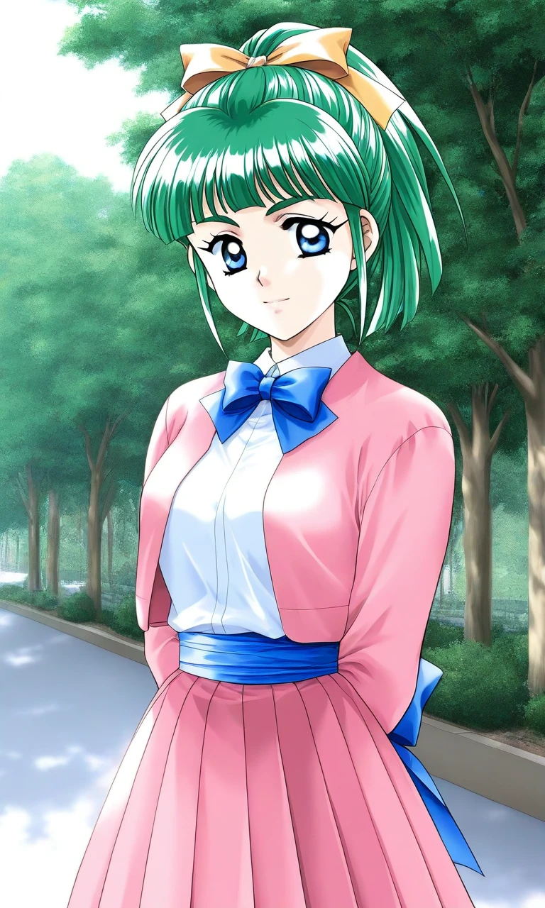 general,highres, ultra-detailed,very aesthetic,best quality ,best hands, BREAK <lora:Iijima_Miyuki_kakyuusei_Ver2.0_IS:1>
Iijima_Miyuki(kakyuusei), 1girl, solo, green hair, high ponytail, bangs, short hair, blue eyes, hair ribbon,Yellow ribbon, breasts, white shirt, light smile,
pink jacket, bowtie, blue bow, shirt, jacket, white shirt, blue bowtie, pleated skirt, pink skirt, blue sash, arms behind back, long sleeves, outdoor, day, tree,
