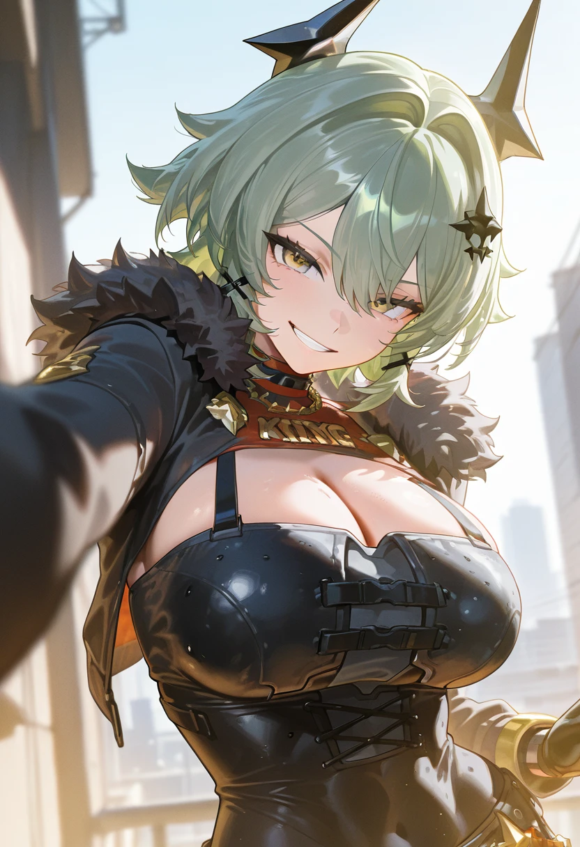 1girl,solo,super detailed skin,shiny skin,wet oily skin, natural face,eyelashes,lips gloss,pink and green hair,short hair,large breasts,unique and complex clothes ,dynamic angle,night fantasy town,masterpiece,best quality,ultra detailed,high resolution,sharp focus,depth of field