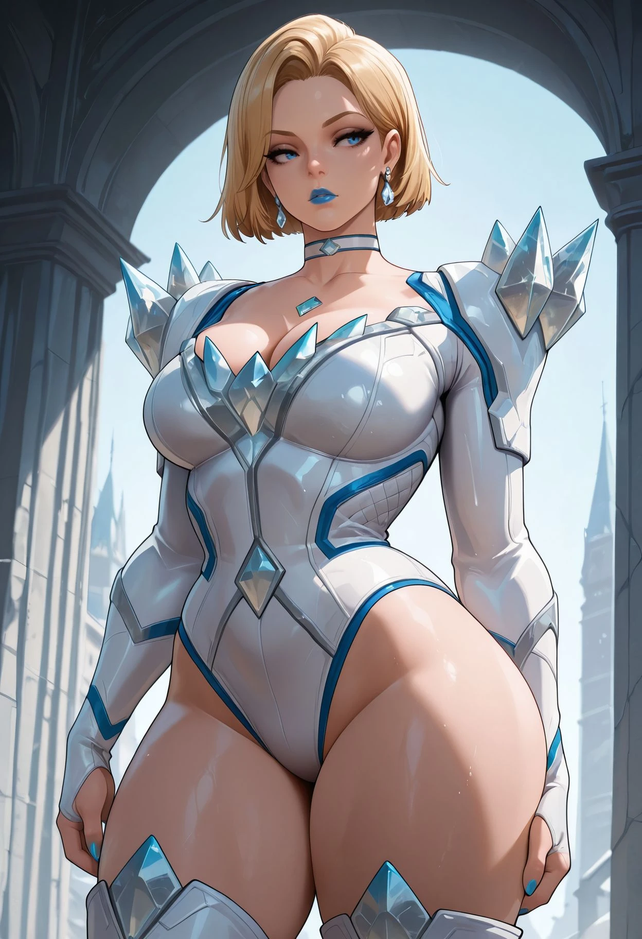 masterpiece,best quality,amazing quality, absurdres, <lora:emma_frost_marvel_rivals_ilxl_goofy:1> emma frost, 1girl, solo, choker, thighs, white outfit, blonde hair, bodysuit, blonde hair, short hair, lipstick, jewelry, earrings, blue lips, blue nails, boots, shoulder armor, thick thighs,leotard, thick thigh,knee boots, medium shot, cleavage, superhero costume,