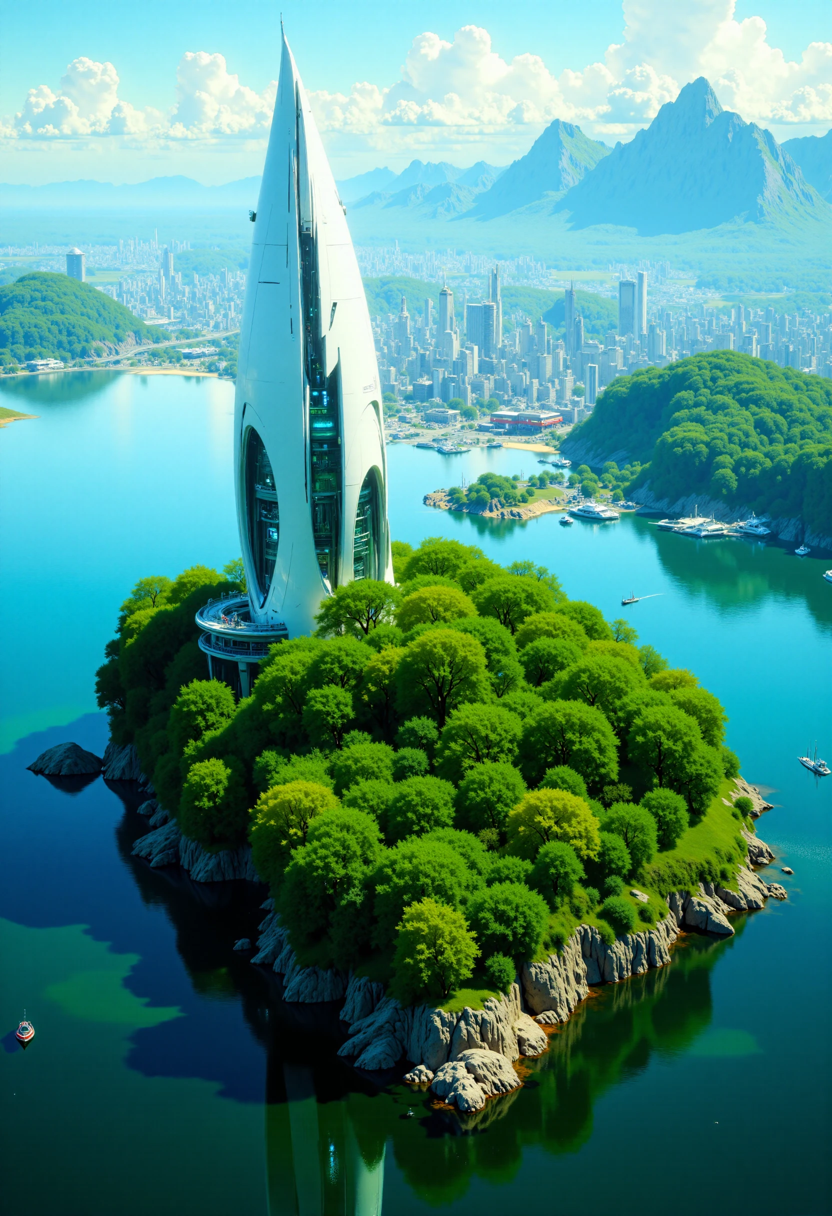 highest details, ultra hyper realism. highly detailed and realistic. intricate and highly professional artwork, an absolute masterpiece.
This high-quality CGI image depicts a futuristic cityscape featuring a central, lush green island with sleek, white, sail-like buildings. The island is surrounded by a deep blue body of water with a detailed, blurred background of a bustling city. The buildings have a modern, architectural design, with a mix of sharp angles and smooth curves. The lighting is bright and even, suggesting a sunny day. The camera angle is high and slightly above, offering a clear, expansive view of the entire scene. The depth of field is deep, keeping both the island and the background in focus.
<lora:artilands_v02_epoch_6:1>