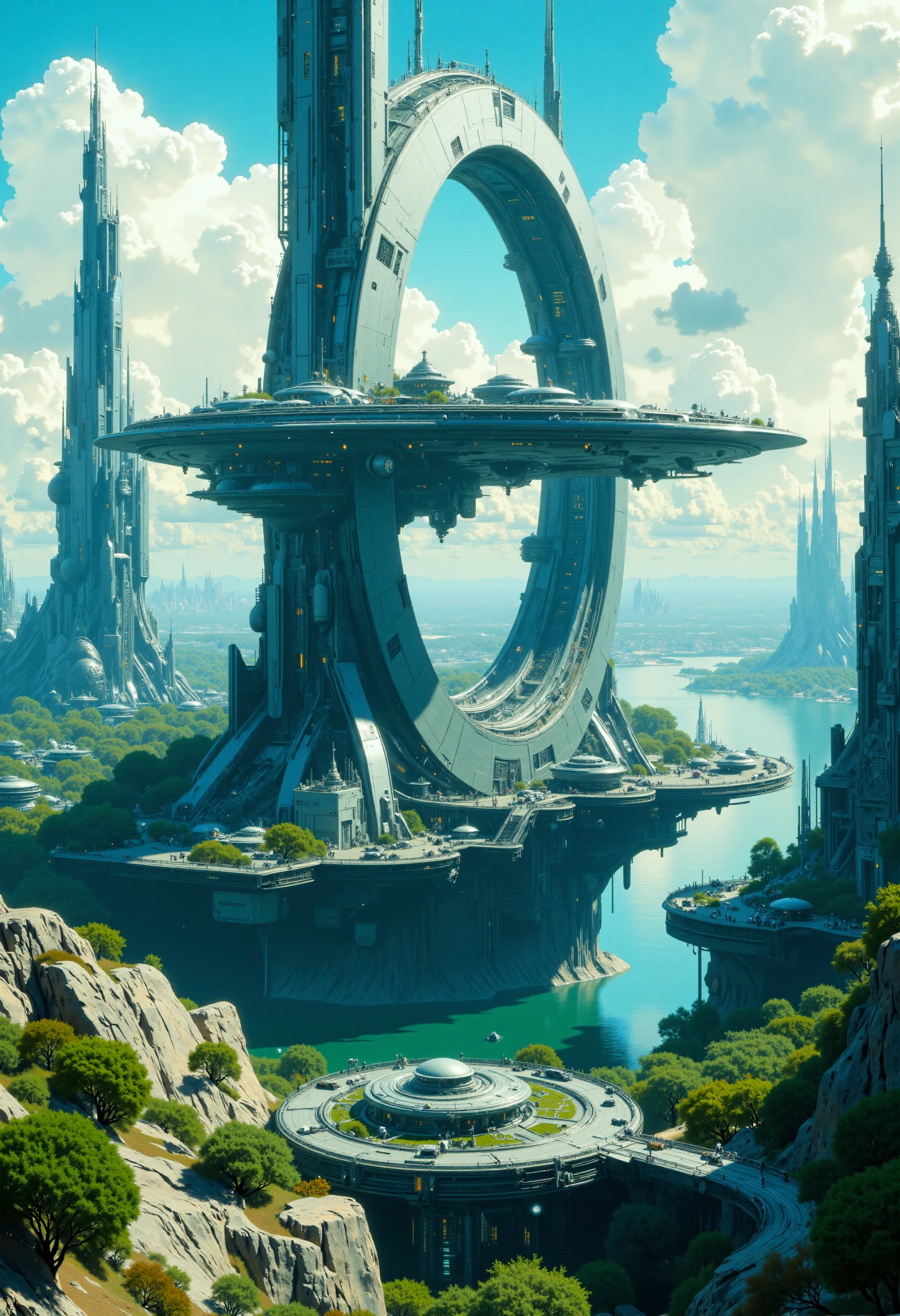 highest details, ultra hyper realism. highly detailed and realistic. intricate and highly professional artwork, an absolute masterpiece.
This is a high-quality CGI rendering of a futuristic, high-tech cityscape viewed from an aerial perspective. The central focus is a massive, circular, multi-level structure with tall, cylindrical towers and a series of interconnected rings. The architecture is sleek and metallic, with a predominantly silver and gray color palette, giving it a cold, industrial aesthetic. The city is built over a body of water, with a clear blue sky and fluffy white clouds in the background. The foreground features various smaller structures and vehicles, including a large, circular platform with a central dome. The lighting is bright and even, suggesting a sunny day. The depth of field is deep, keeping both the foreground and background in focus. The image has a very high aesthetic quality, with detailed textures and a realistic, yet futuristic feel.
<lora:artilands_v02_epoch_6:1>