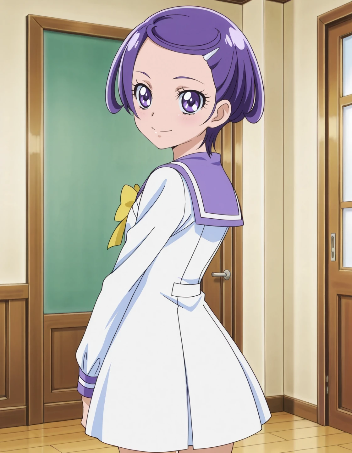 anime screencap, solo,1girl,kenzakimakoto , school uniform,yellow bowtie, sailor collar,white skirt, smile, hair ornament, hairclip, looking at viewer,small breasts,from behind,onepiece dress<lora:kenzakimakoto_IL:0.8>
high definition,amazing quality,best quality,very aesthetic,masterpiece,absurdres,