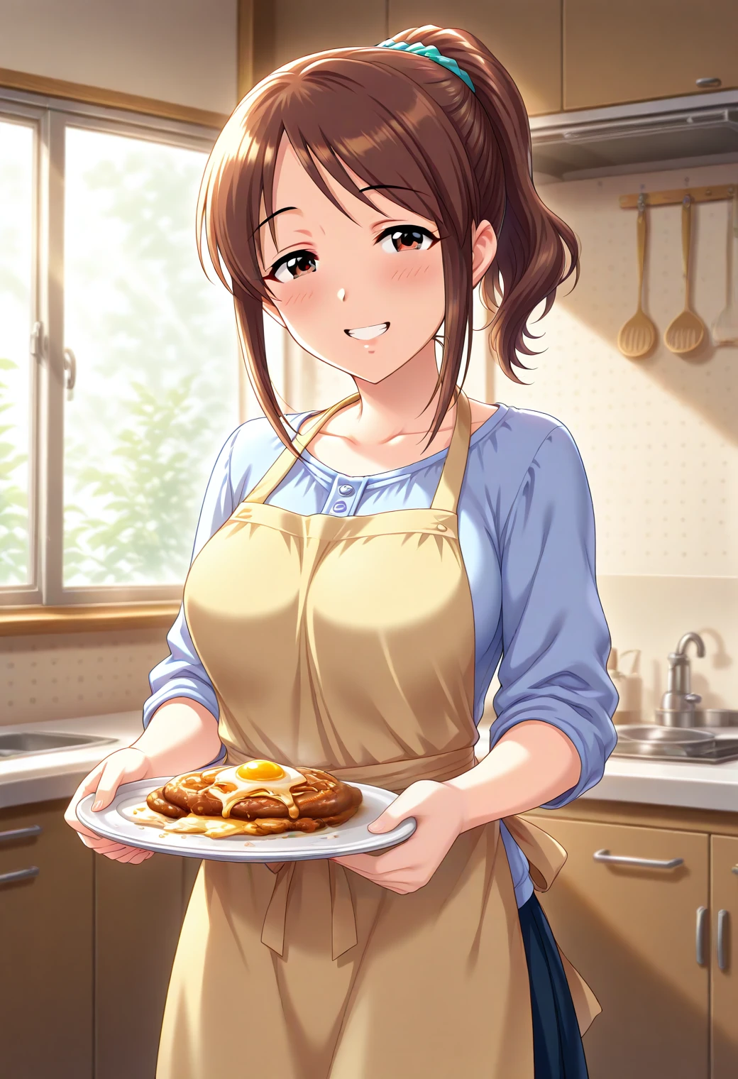 masterpiece, best quality, amazing quality, perfact hands, 1girl, solo, cowboy shot, makeup, holding plate of breakfast, smile with teeth, sunlight, beauty, indoor, kitchen, home, shirt, skirt, apron, housewife atmosphere, blush, shy, looking at viewer, <lora:Mifune_Miyu_Cinderella:1>, Mifune_Miyu_Cinderella, brown hair, brown eyes, , ponytail, sidelocks, <lora:wai-Rectified-s:1>, <lora:prompt_extend:1>