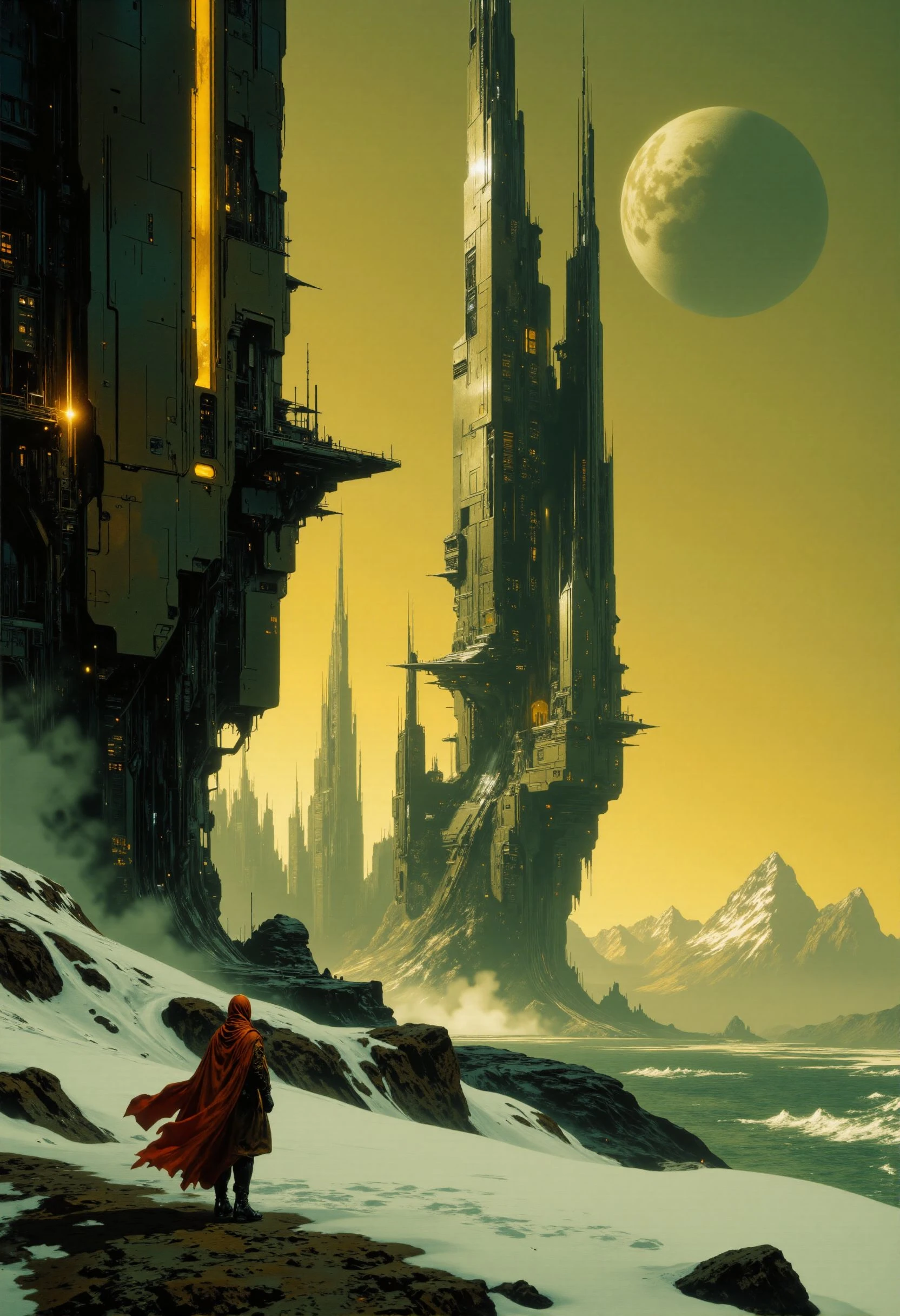 highest details, ultra hyper realism. highly detailed and realistic. intricate and highly professional artwork, an absolute masterpiece.
This is a digital painting depicting a futuristic, dystopian scene at a beach. The artwork features a desolate, snow-covered beach with a dark, rocky shoreline. The sky is a gradient of warm oranges and yellows, transitioning into a darker, almost black hue, suggesting either an early morning or late evening. In the background, towering, futuristic skyscrapers made of metal and glass rise from the snow, their surfaces reflecting the warm light. These structures are tall, slender, and intricately detailed with various mechanical elements and windows. The tallest structure on the left is particularly imposing, with a small, glowing window at its peak. In the sky, two notable celestial objects are visible: a full moon and a large, crescent moon, suggesting a near future or alternate reality scenario. On the beach, a lone figure in a red, hooded cloak walks along the shore, adding a solitary, ominous presence to the scene.
Light Brown hue and Sage Gray tint, dramatic lighting
<lora:artilands_v02_epoch_6:1>