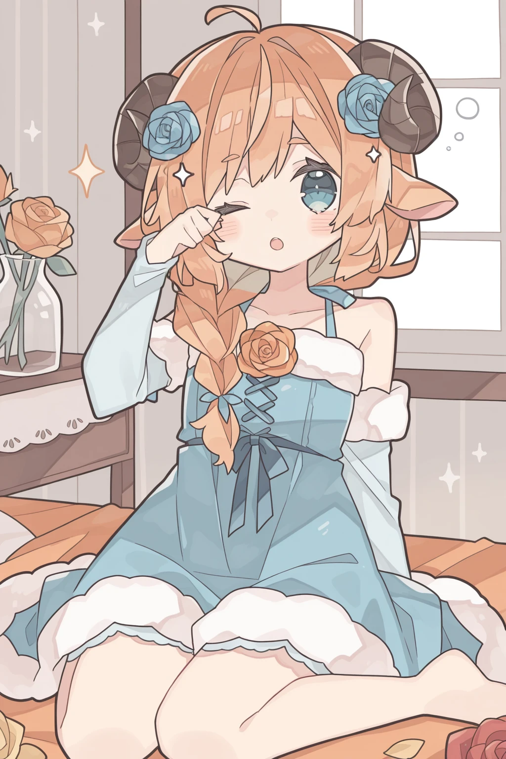 <lora:rororoyu:1>, rororoyu, 1girl, solo, one eye closed, hair ornament, hair flower, sitting, yellow rose, hair over shoulder, flower, rose, fur trim, braid, wariza, ;o, yellow flower, detached sleeves, collarbone, looking at viewer, rubbing eyes, dress, blue flower, bare shoulders, blue rose, red rose, orange rose, red flower, orange flower, sparkle, sheep ears, sleepy, sleeveless, sleeveless dress, indoors, bedroom,