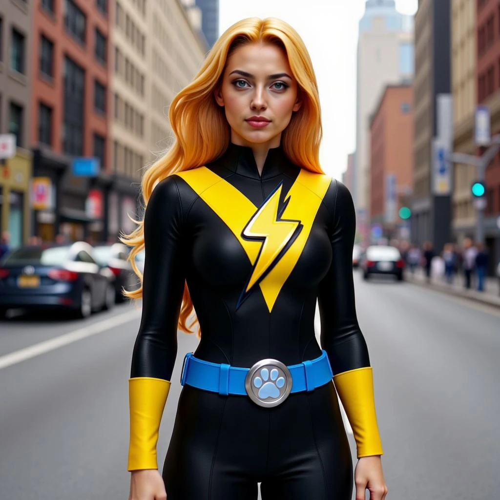 The image shows Buzz Girl wearing buzzsuit. Her suit is black and yellow with her logo on her chest and a blue belt with silver buckle with a lightning bolt on it. She is stading on a city street. She looks young and has smooth skin.