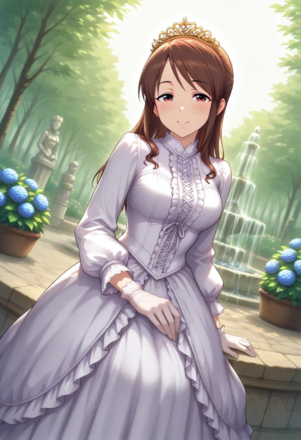 masterpiece, best quality, amazing quality, 1girl, solo, stand, makeup, blush, cowboy shot, looking at viewer, dutch angle, dramatic view, gorgeous victorian style dress, victorian noble girl, outdoors, victorian european garden, fountain, marble, marble statue, sit on stool, posing, smile, hydrangea, dramatic lighting, <lora:cute_dresses:1>, dress, laces, frills, hair ornament, gloves, bow, long sleeves, jewelry, crown, accessories, <lora:Mifune_Miyu_Cinderella:1>, Mifune_Miyu_Cinderella, brown hair, brown eyes, breasts, long hair, sidelocks, <lora:wai-Rectified-s:1>, <lora:prompt_extend:1>