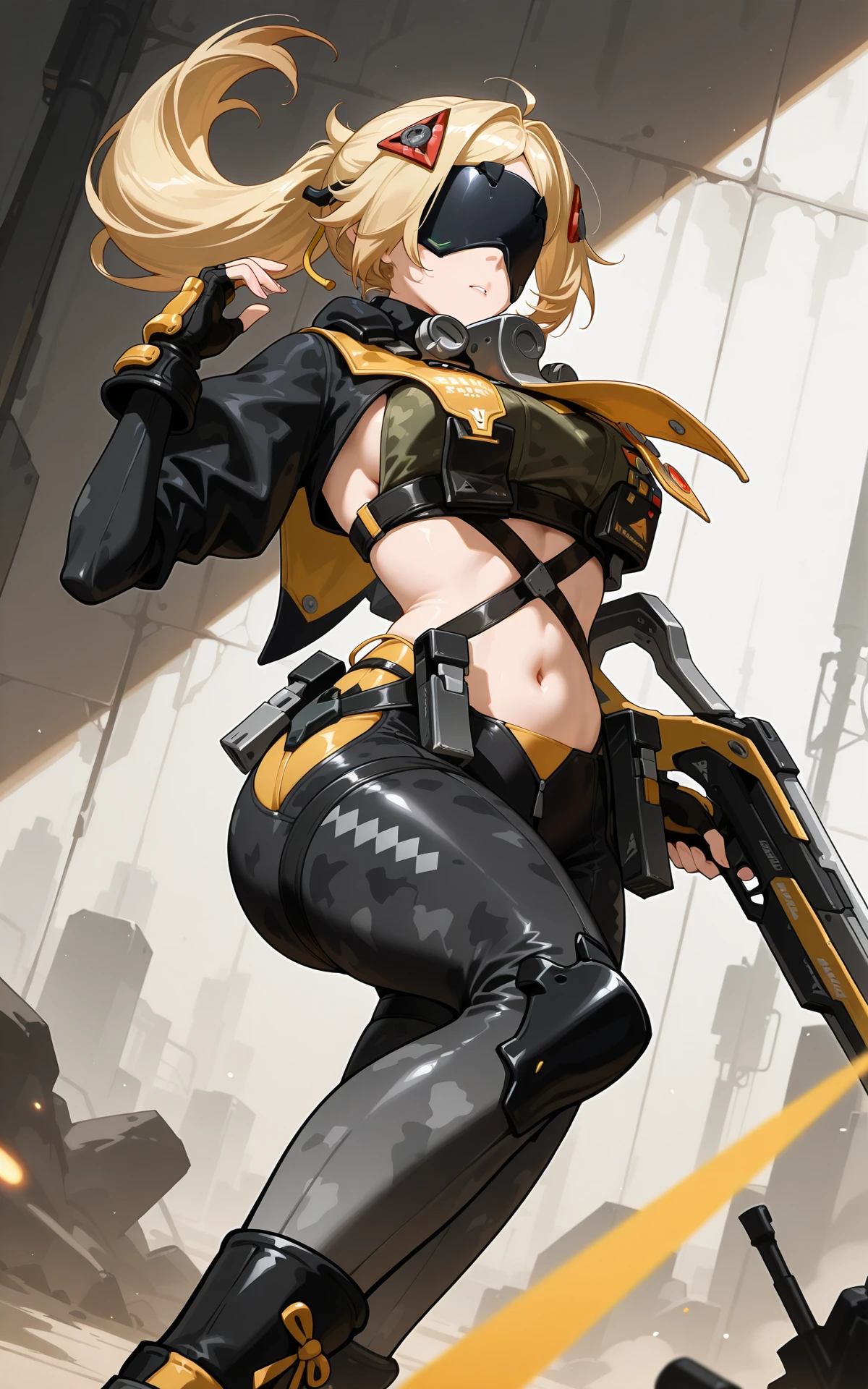 <lora:xl-ill-trigger(zenless zone zero)-v1-000010:0.8>,
trigger\(zenless zone zero\),1girl,solo,blonde hair,ponytail,blindfold,covered eyes,
breasts,jacket,black jacket,gloves,navel,orange gloves,fingerless gloves,cropped jacket,camouflage,boots,black footwear,
weapon,gun,rifle,science fiction,