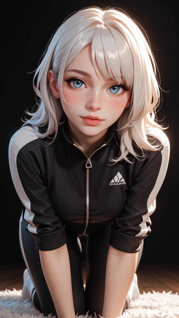 score_9, score_8_up, score_7_up, rating_safe, black background, close-up,
uncensored, nsfw, 1 girl, age 21, kawaii girl with white hair and freckles, in zip-up fleece jumpsuit, fully closed, no skin visible, but tight fit outlines every curve of her body, especially hips and thighs, kneeling on soft carpet, leaning slightly forward, white socks, warm home lighting, soft fuzzy texture, suggestive posture, subtly erotic mood without exposure