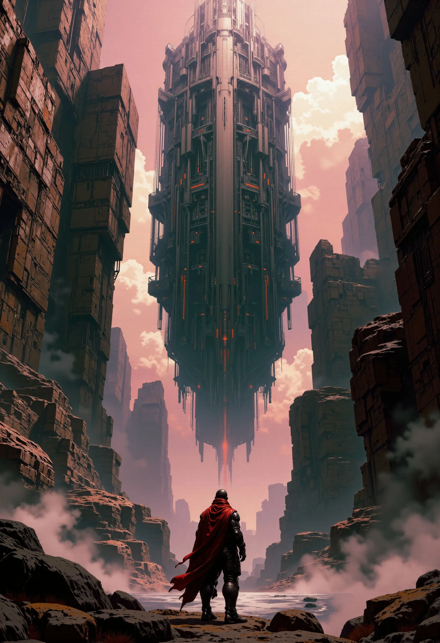 highest details, ultra hyper realism. highly detailed and realistic. intricate and highly professional artwork, an absolute masterpiece.
This is a highly detailed digital painting of a fantasy landscape with a very high aesthetic quality. The image showcases a towering, futuristic structure resembling a colossal, mechanical monolith with intricate, metallic textures and a dark, industrial color palette. The structure is set against a backdrop of rugged, canyon-like rock formations and a misty, ethereal atmosphere, suggesting an otherworldly environment. In the foreground, a lone figure dressed in a red cape and dark attire stands on a rocky outcrop, gazing up at the monolith. The lighting is dramatic, with a mix of bright sunlight illuminating the scene from above and casting long shadows, enhancing the depth and realism. The camera angle is low and upward-looking, emphasizing the grandeur of the structure. The background is in focus, providing a clear view of the entire scene.
Tortoise Shell Brown hue and Dark Pink tint, dramatic lighting
<lora:artilands_v02_epoch_6:1>
