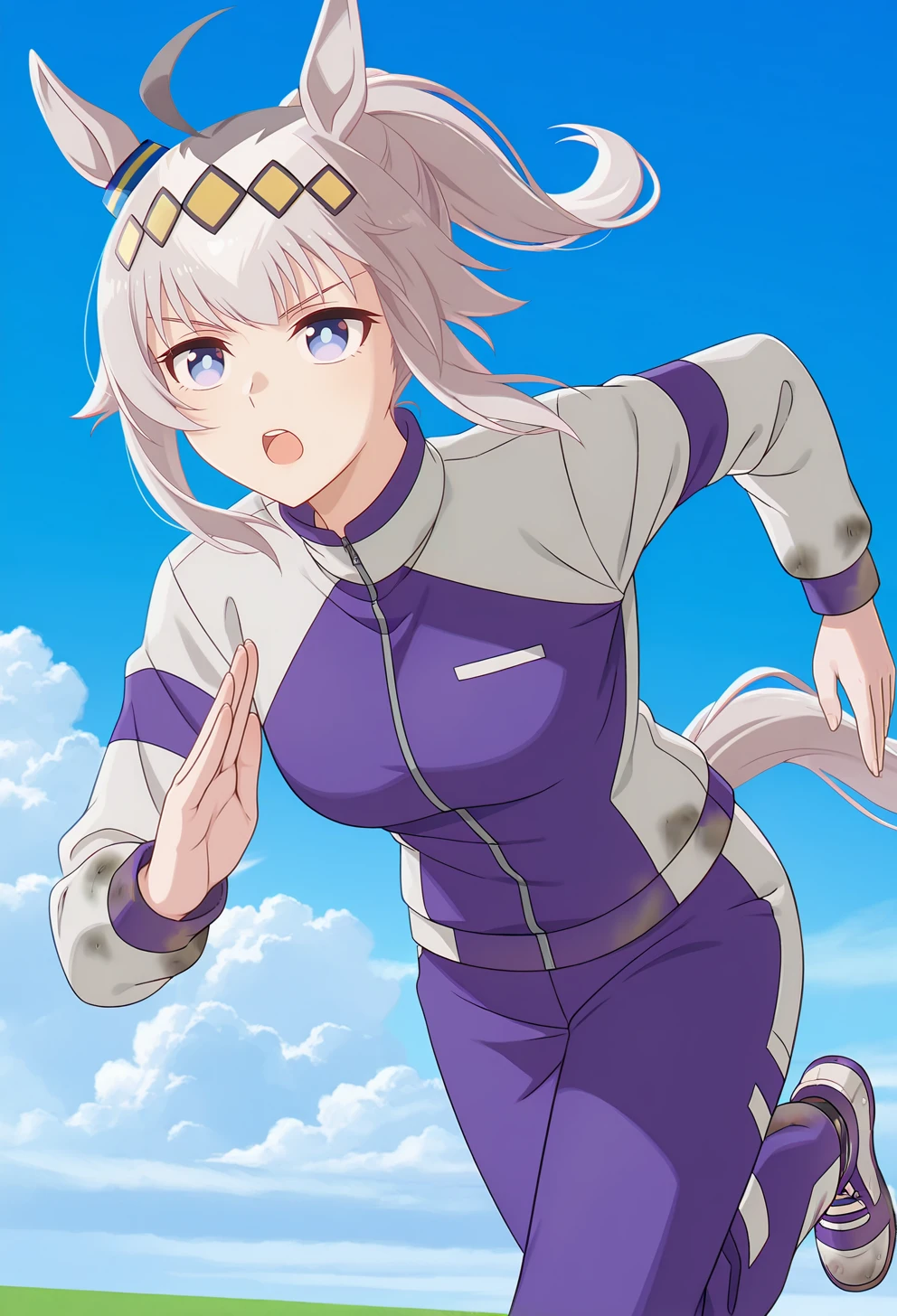 <lora:Oguri Cap_illustrious-000028:1>,
oguri cap \(umamusume\), running, solo, horse ears, tail, horse tail, open mouth, jacket, ahoge, ponytail, pants, long sleeves, cloud, sky, track jacket, outdoors, breasts, day, alternate hairstyle, blue sky, shoes, purple pants