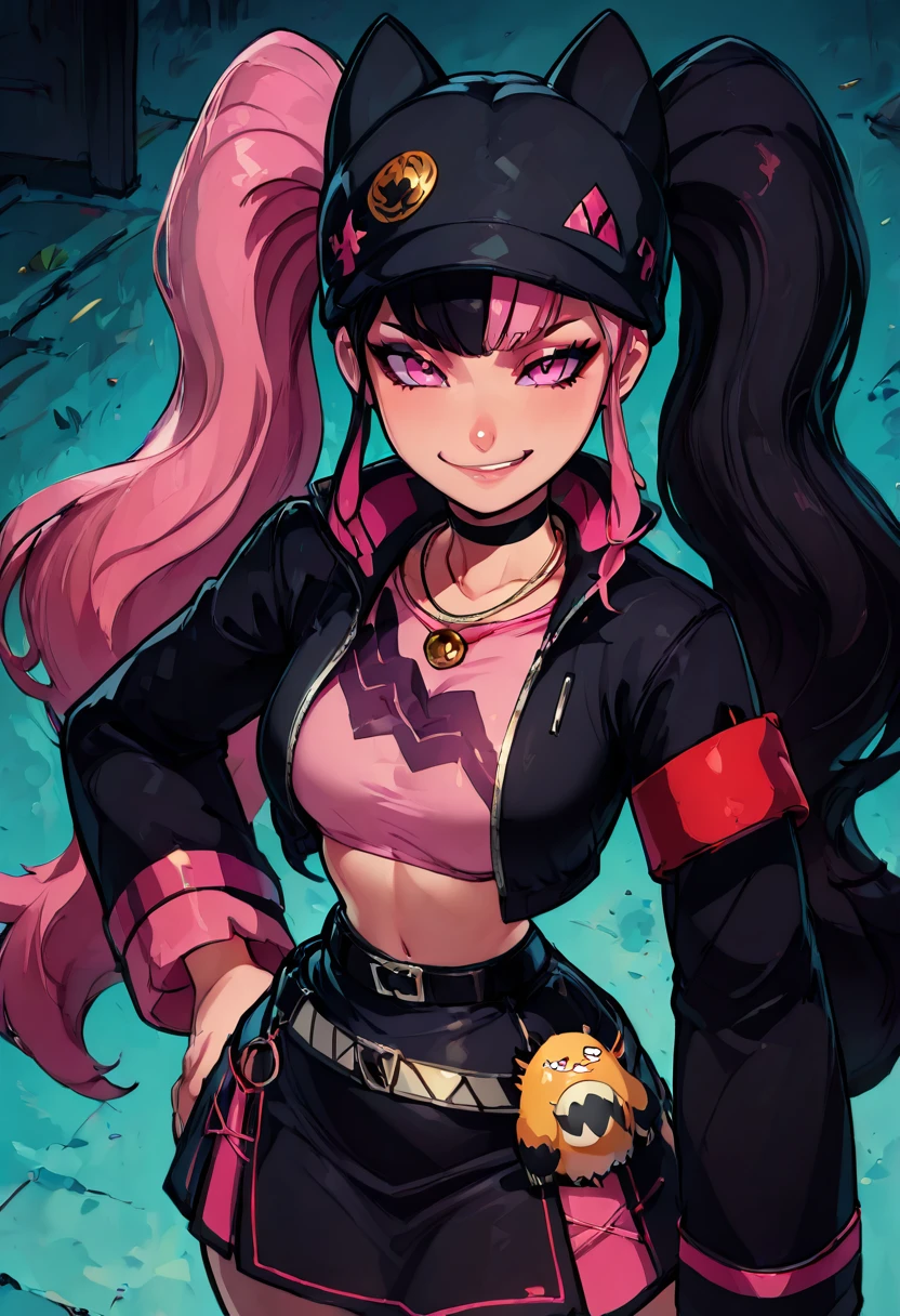 masterpiece, best quality, , zzZoe, pink eyes, multicolored hair, two-tone hair, split-color hair, twintails, long hair, eyeliner, eyeshadow, hand on hip, smug, narrow waist, black hat, animal ear headwear, black choker, black jacket, cropped jacket, choker, belt, miniskirt, black skirt, necklace, pendant, midriff, crop top, dynamic pose, wind, from above, (foreshortening:1.1), <lora:ZoeRayneIXL_v1:1.0>, <lora:ZankuroStyle_NAI:0.5>,