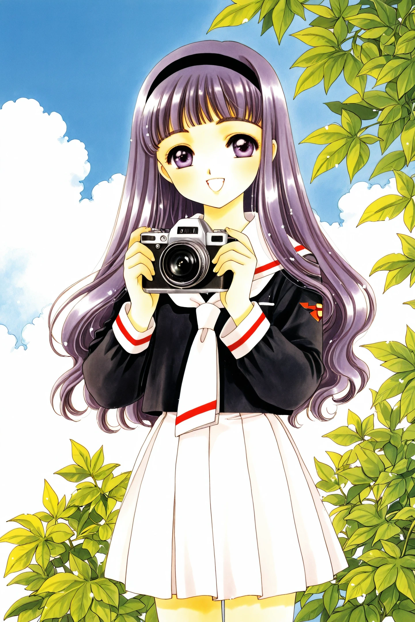 Comic Style,1girl,daidouji tomoyo,skirt,school uniform,white skirt,solo,long hair,purple hair,pleated skirt,smile,bangs,hairband,tomoeda elementary school uniform,holding,open mouth,long sleeves,cloud,blunt bangs,1990s (style),day,leaf,retro artstyle,:d,sky,outdoors,white sailor collar,black shirt,shirt,standing,sailor collar,serafuku,blue sky,cowboy shot,looking at viewer,black hairband,purple eyes,camera,
<lora:Card Captor Sakura_illustriousXL:0.8>,