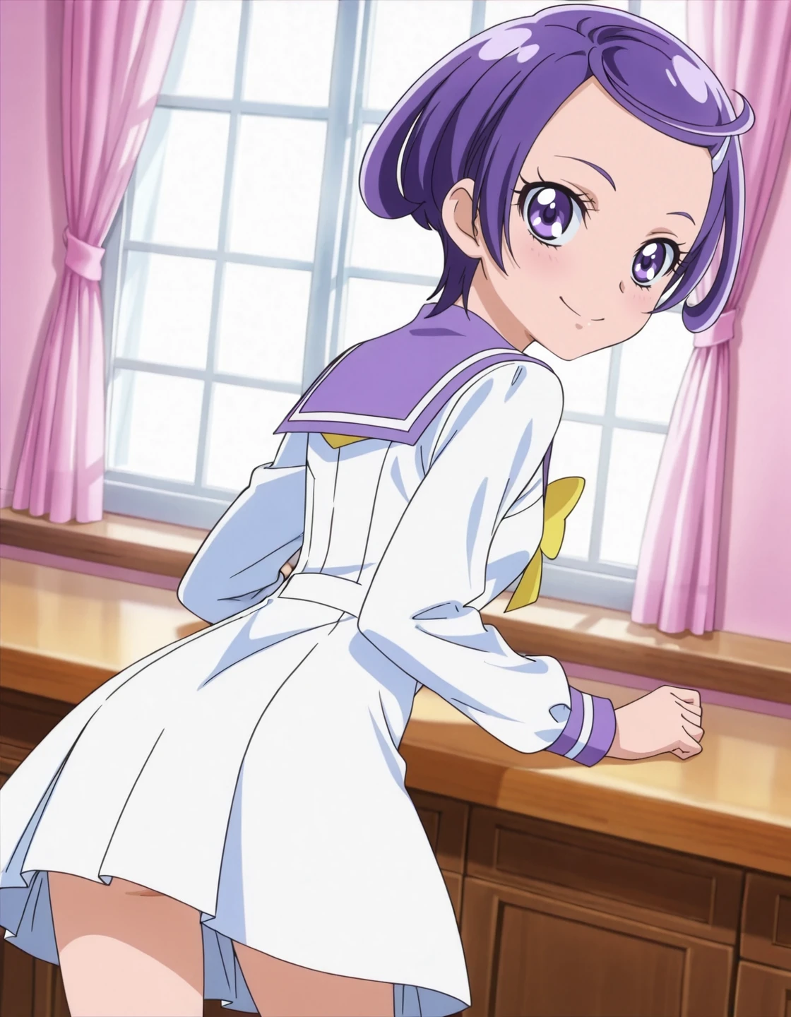 anime screencap, solo,1girl,kenzakimakoto , school uniform,yellow bowtie, sailor collar,white skirt, smile, hair ornament, hairclip, looking at viewer,small breasts,from behind,onepiece dress<lora:kenzakimakoto_IL:0.8>
high definition,amazing quality,best quality,very aesthetic,masterpiece,absurdres,